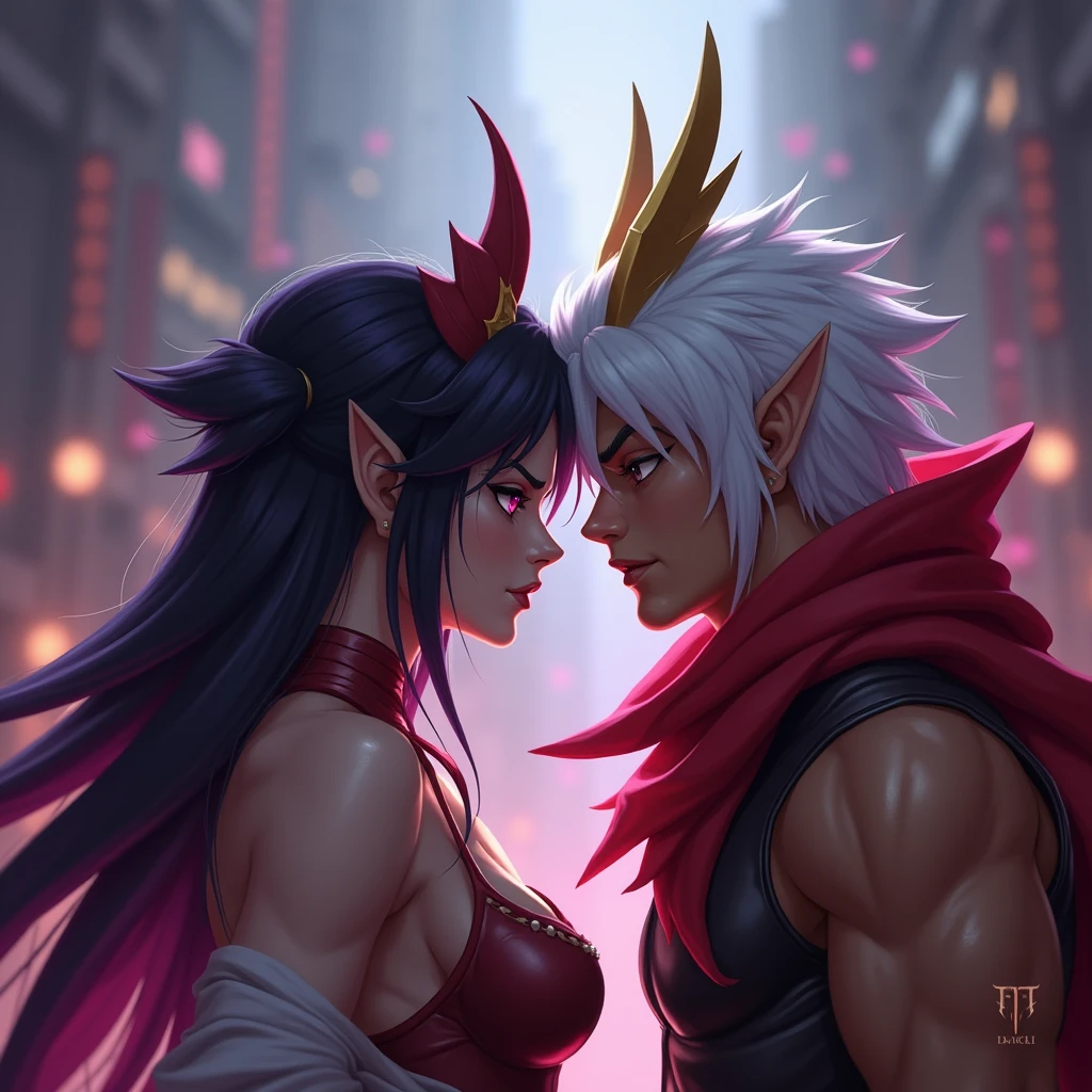 Ahri \(league of legends\) embrasse Jax \(league of legends\), Lee Sin \(league of legends\) regarde à côté