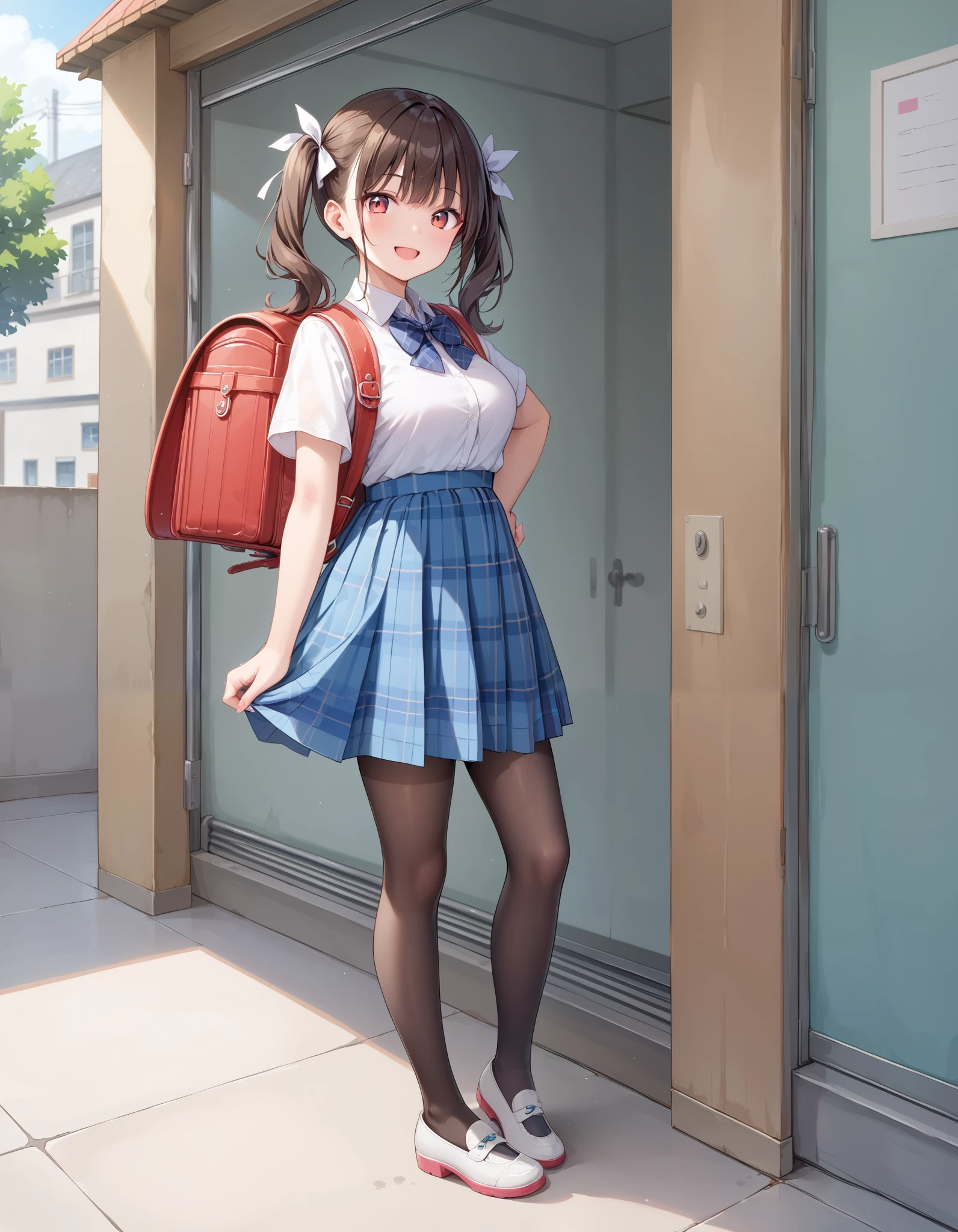 masterpiece, best quality, highly detailed, ultra high res, 1girl, smile, happy, brown hair, twintail, hair ribbon,  medium breasts, wearing white collared shirt, short sleeves, blue bowtie, plaid skirt, blue plaid skirt, standing, fullbody, wearing black pantyhose, white shoes, indoor, wearing randoseru backpack, red color backpack