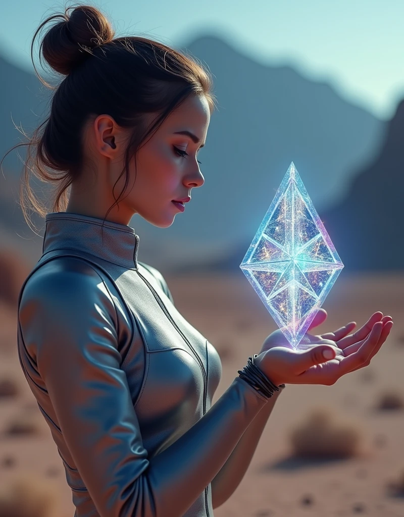  The girl holds in her hand a complex structure that looks like a diamond he hovers in her hand she looks at it, A mystical and beautiful iridescent aura emanates from the Diamond ,  The girl in a spacesuit on the Uninhabited Planet Starspace ,  better quality,  Complex textures ,  complex details , Professional Processing, 8 k, masterpiece, 