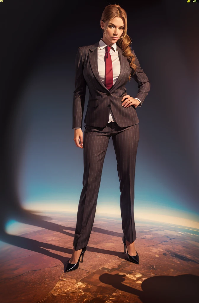 Giga Giantess art 1:4, two highly detailed giga giantess, ginger hair,bbw white woman full body view, 1000 miles tall giga giantess, giga giantess so massive the world is very small to her, huge breasts, light grey pinstriped 3 piece suit with trouser and blazer, white tailored shirt done up thick and very large Windsor knot tie, ties length reaches just passed the top of trousers, Has long full wavy ponytail, Wearing a pair of  polished round toe court heels Professional attire A look of enjoyment, Beautiful appearance, smile, horny (view from the ground)giga goddess, full body view, standing striaght, stomping on very tiny but massive continent, facing towards camera