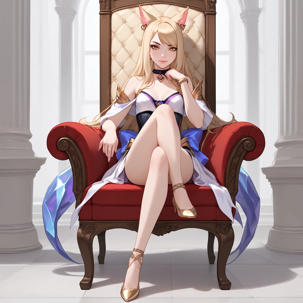 ((full body photo, standing, feet on the ground)) KDA Ahri LoL PD, masterpiece, best quality, (sitting on throne, legs crossed, showing feet, profile photo), highly detailed, score_9, score_8_up, score_7_up, score_6_up, anime font ,BREAK, 2girl, solo, long hair, blue eyes, flower, small breasts, bow, looking at viewer, freckles, parted lips, smile, full body, lips red, lips, leather ballet shoes, side photo, she looks at you, fishnets, white background, neutral cast
