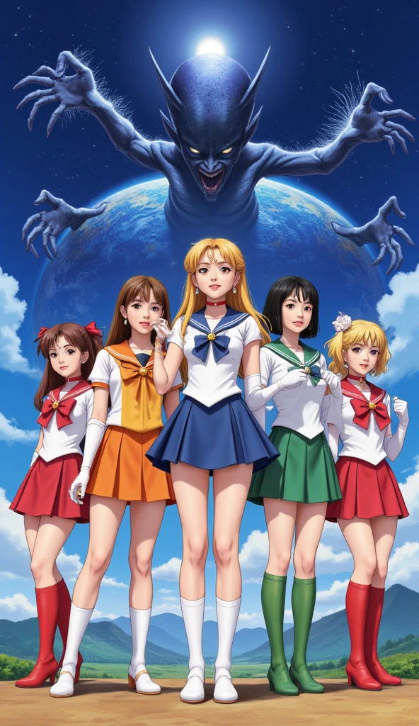 Korean movie poster 5 magical girls in sailor uniform in red,blue,green, orange and pink.standing in different poses the center girl has long yellow braided hair their background is earth and they are being chased by evil alien