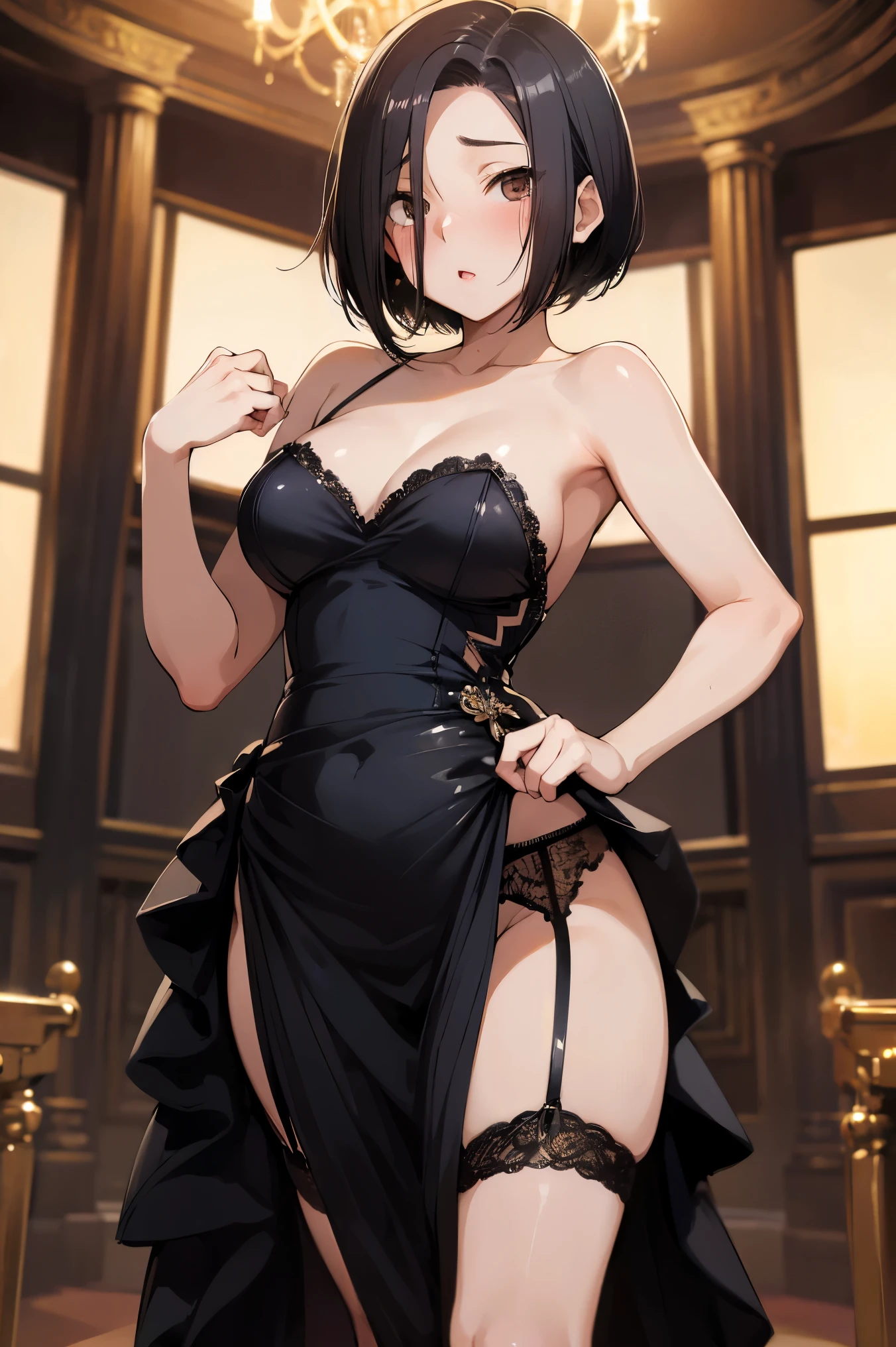 NSFW,masterpiece, best quality, high definition , very detailed,Ah-rinko 、 shorthair、 black hair、 bob cut 、( evening dress:1.5), Garter Straps ,Luxurious mansion, chandeliers ,Embarrassed,blush