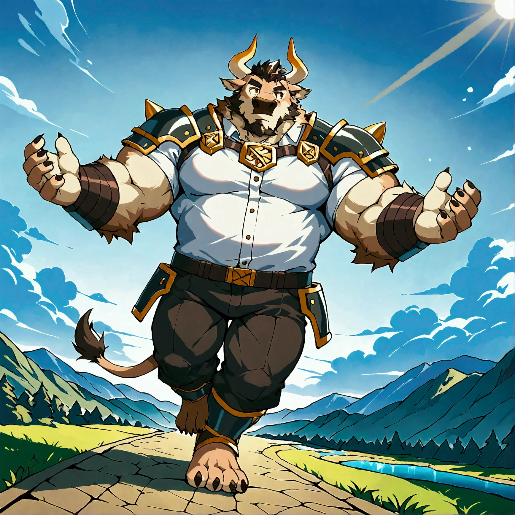 character focus, full body, looking away, dynamic angle, a musclegut middle-aged cow man, heroic costume clothes, armor, pants, inner, dynamic pose, BREAK complete anatomy, perfect proportions, beautiful thigh gap, fluffy body, intricate fur details, beautiful fur texture, BREAK a detailed cow 1tail, detailed cow toes, detailed foot, detailed hands, 5fingers, 5fingers nails, BREAK aesthetic anime face, insanity detailed face, male face, big face, square jawline, aesthetic anime eyes, detailed brown eyes, detailed brown cornea, detailed dark brown irises, detailed pupils, male eyes, big eyes, male eyebrows, innocent look, beautiful beard, BREAK full body in Michelangelo Buonarroti style, digital illustration anime, housamo style, detailed painting landscape, european, mountain, path, outdoor, full body, HDR, BREAK masterpiece, official art, best quality, very aesthetic, absurdres, super fine illustration, great quality, BREAK noise reduction, very highres, large filesize, high quality, 32K, 8k wallpaper, dynamic lighting, BREAK insanity detailed, ultra detailed, intricate details, extremely detailed, detailed texture, an extremely delicate and beautiful, BREAK osukemo, e621 illustration, kemohomo, anthropomorphic, furry, cartoon, harmonious body, pastoral face, virtuous eyes, epic atmosphere