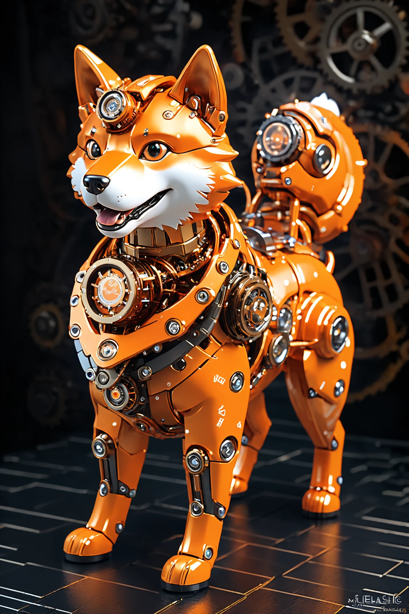 Mechanical Shiba Inu , Orange Metal Material ,Detailed Gear,  Sparkling Eyes  ,Glossy surface, MECHANICAL MOVEMENT , Realistic Design,( best quality, high definition ),( realistic :1.37),( high definition ),(industrial,Steampunk),( cool tone ),  Soft Ambient  