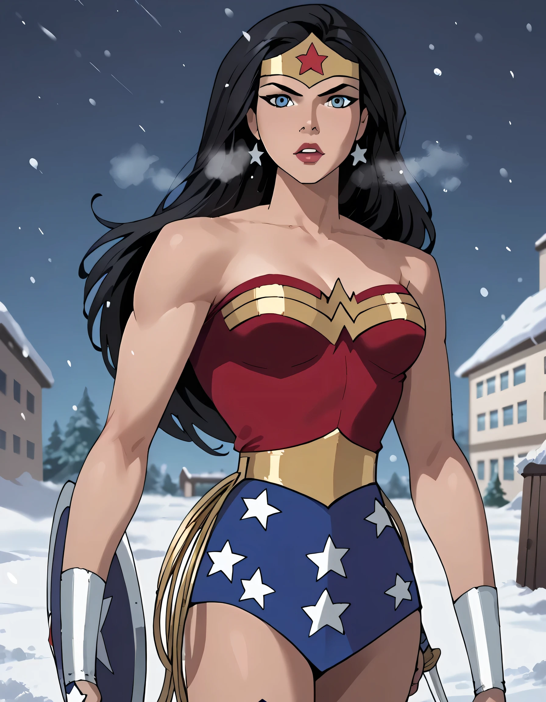 
1girl, wonder woman, armlet, black hair, blurry, bracer, breath, cape, cowboy shot, depth of field, holding, holding weapon, lasso, looking at viewer, parted lips, pommel, realistic, reverse grip, shield, skirt, snow, snowing, solo, superhero, sword, tiara, toned, weapon, weapon behind back
