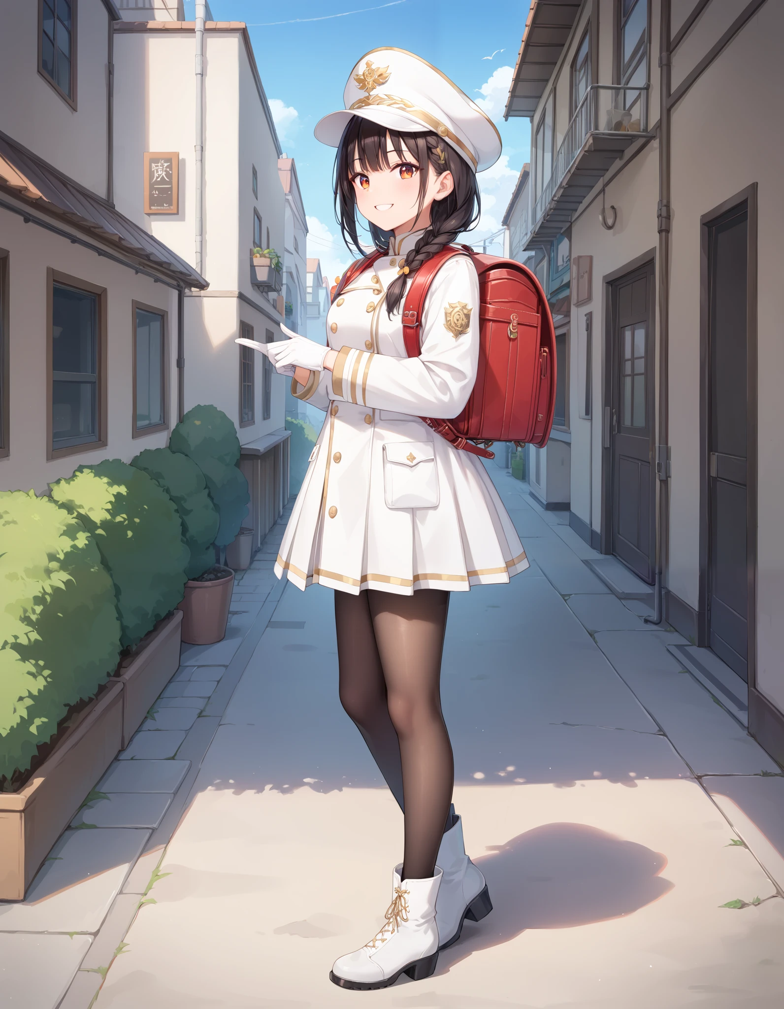 (masterpiece:1.3), (best quality:1.3), (ultra-detailed:1.3), 1girl, long hair, braided hair, smile, outdoors,  shako cap, white jacket, white coat, military uniform, white gloves, white skirt, black pantyhose,white boots, standing, fullbody, wearing randoseru backpack,  red backpack