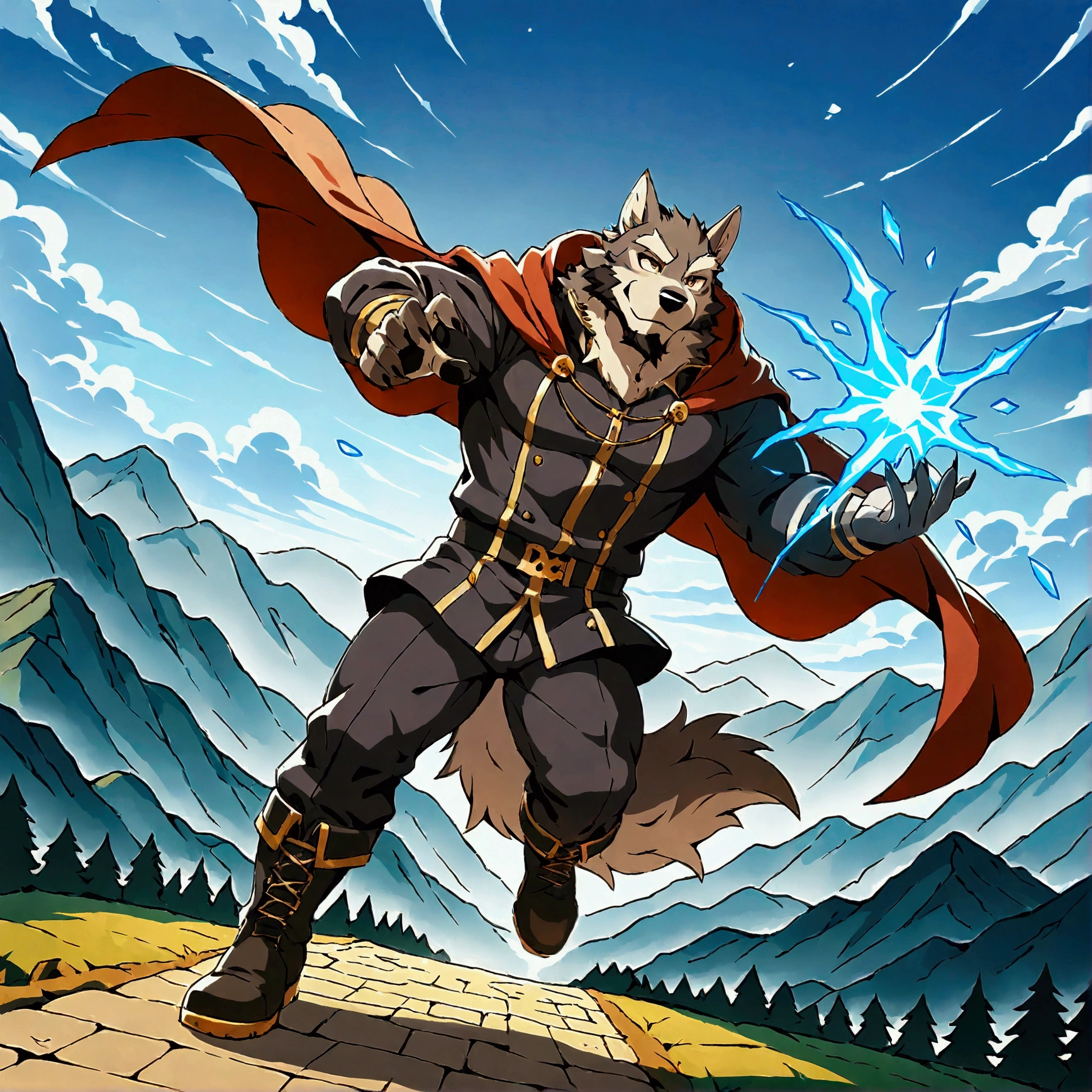 character focus, full body, looking away, various angle, european fantasy, wizard, a muscular middle-aged wolf man, heroic costume clothes, robe, shirt, pants, casting ice magic, dynamic pose, BREAK complete anatomy, perfect proportions, beautiful thigh gap, fluffy body, intricate fur details, beautiful fur texture, BREAK a detailed wolf 1tail, detailed boots, detailed foot, detailed hands, 5fingers, 5fingers nails, BREAK aesthetic anime face, insanity detailed face, male face, big face, square jawline, aesthetic anime eyes, detailed brown eyes, detailed brown cornea, detailed dark brown irises, detailed pupils, male eyes, big eyes, male eyebrows, innocent look, beautiful beard, BREAK full body in Michelangelo Buonarroti style, digital illustration anime, housamo style, detailed painting landscape, mountain, path, outdoor, full color, HDR, BREAK masterpiece, official art, best quality, very aesthetic, absurdres, super fine illustration, great quality, BREAK noise reduction, very highres, large filesize, high quality, 32K, 8k wallpaper, dynamic lighting, BREAK insanity detailed, ultra detailed, intricate details, extremely detailed, detailed texture, an extremely delicate and beautiful, BREAK osukemo, e621 illustration, kemohomo, anthropomorphic, furry, cartoon, harmonious body, pastoral face, virtuous eyes, epic atmosphere