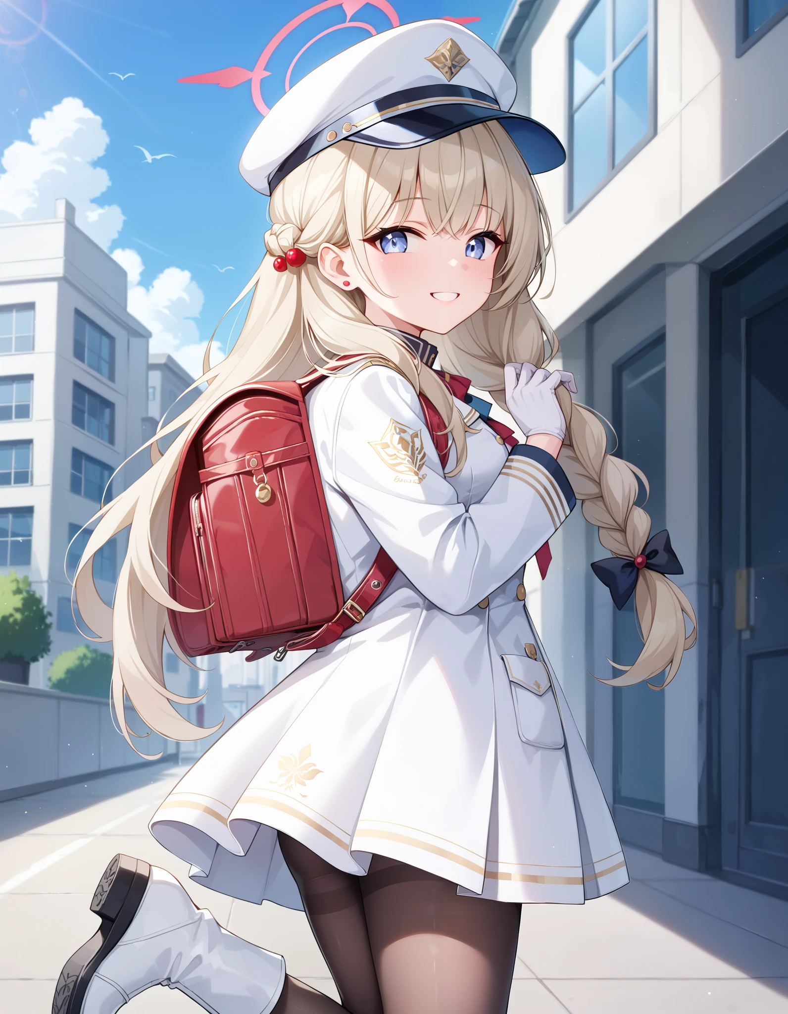 (masterpiece:1.3), (best quality:1.3), (ultra-detailed:1.3), 1girl, long hair, braided hair, smile, outdoors, cherino, cherino (blue archive), blue halo, shako cap, white jacket, white coat, military uniform, white gloves, white skirt, black pantyhose,white boots, standing, fullbody, wearing randoseru backpack,  red backpack