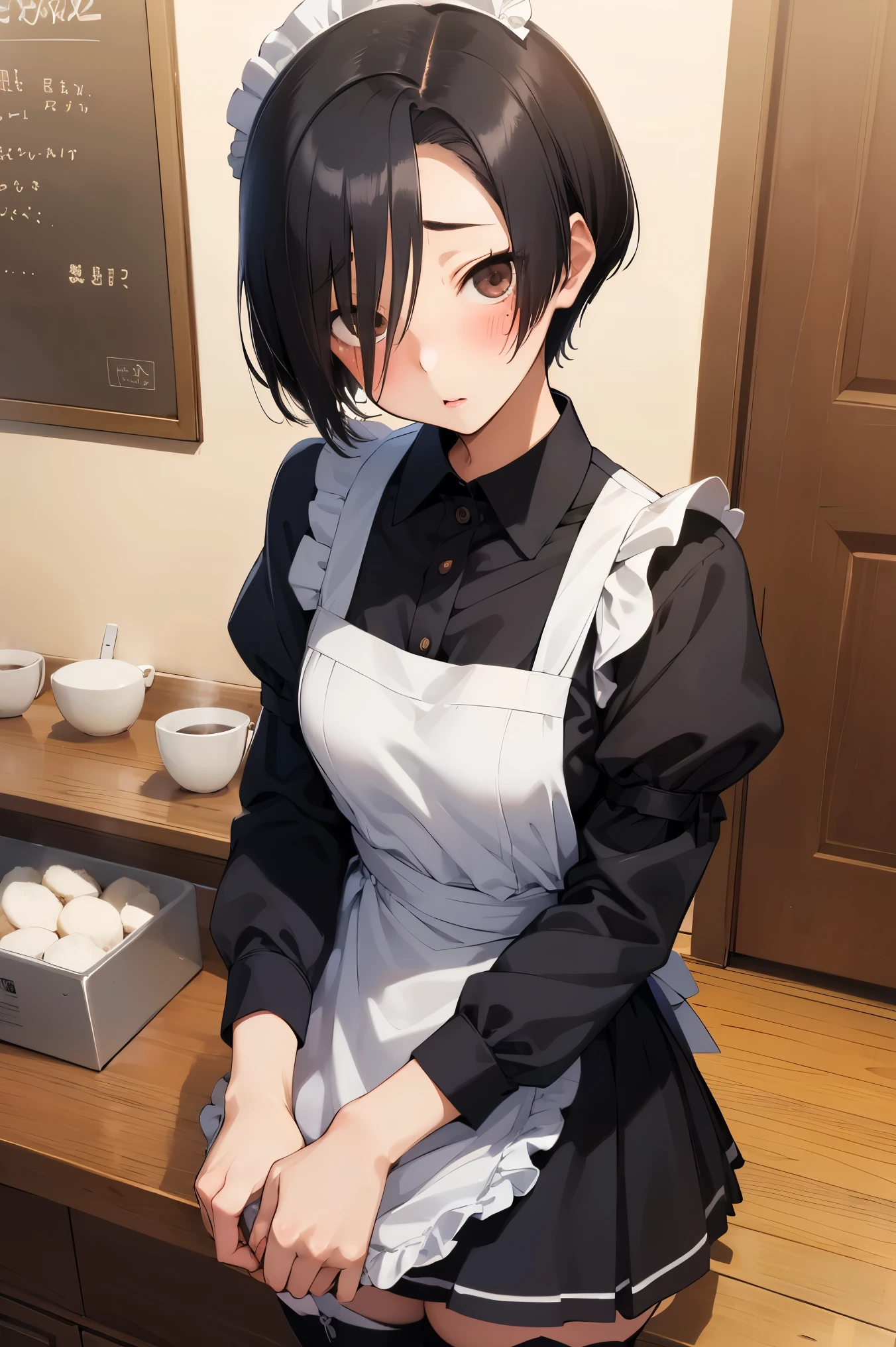 highest quality、masterpiece、((1 girl))、((smile))、(blush:1.3)、Black Shirt、blouse、((fun!!))、(Small breasts)、(single braid)、()、()、((White apron:1.5))、((Maid))、((hair ornaments)),、Kamimei、look at me、 ((in house:1.5))、 Taking a break from watching the audience、Cowboy Shot、(skirt lift:1.3),(Highly detailed white panties:1.3)、(highly detailed panties:1.3)、、(スカート that rolls up:1.3)、(Panties fully exposed:1.5)、
