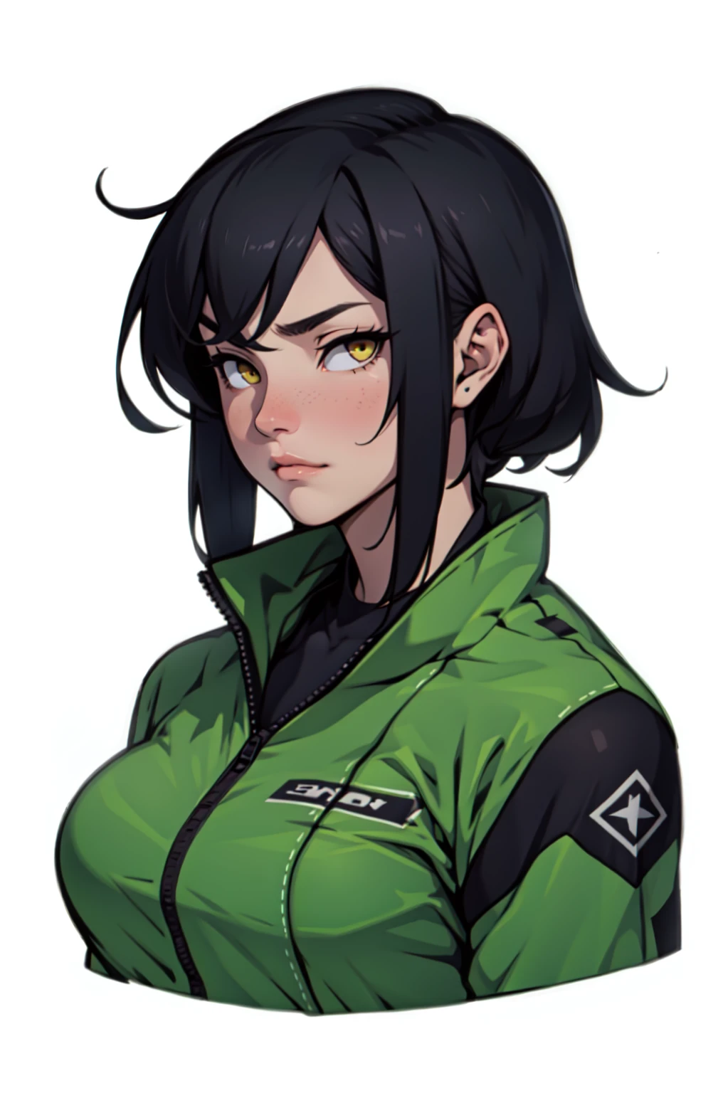 serious serious sad empty eyes frown black hair yellow eyes pale skin sharp focus muscular girl breasts breasts