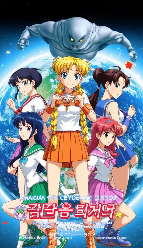 Korean movie poster 5 magical girls in sailor uniform in red,blue,green, orange and pink.standing in different poses the center girl has long yellow braided hair their background is earth and they are being chased by evil alien High Resolution, Masterpiece, Best Quality, Award Winning, Detail, High Details, Super Detailed, UHD, 