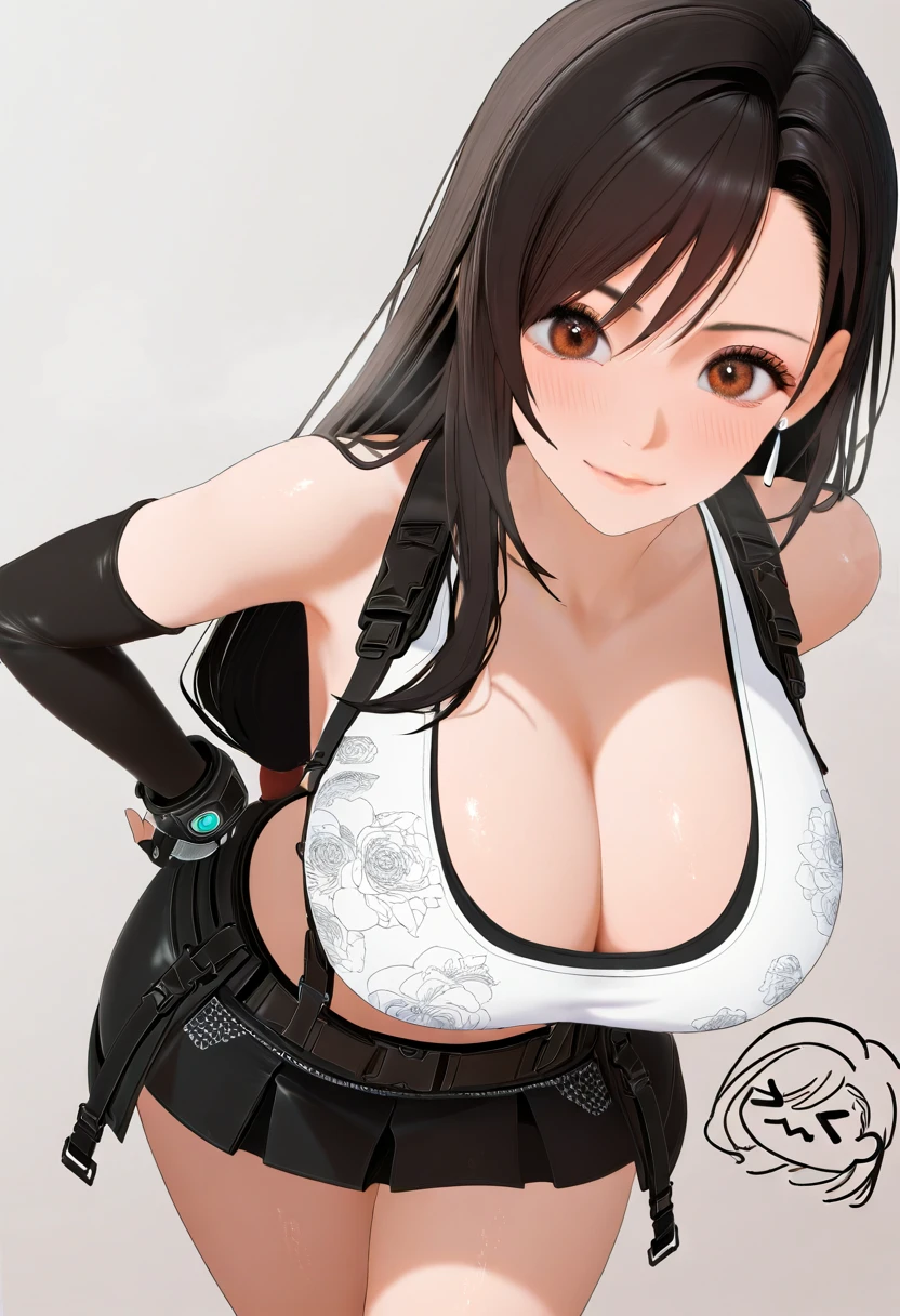 1girl, black hair, long hair, black shirt, black skirt, floral print, (X3D style), realistic, masterpiece, best quality, good quality, newest, tifa lockhart, deep cleavage, large breasts, voluptuous, nice hips,