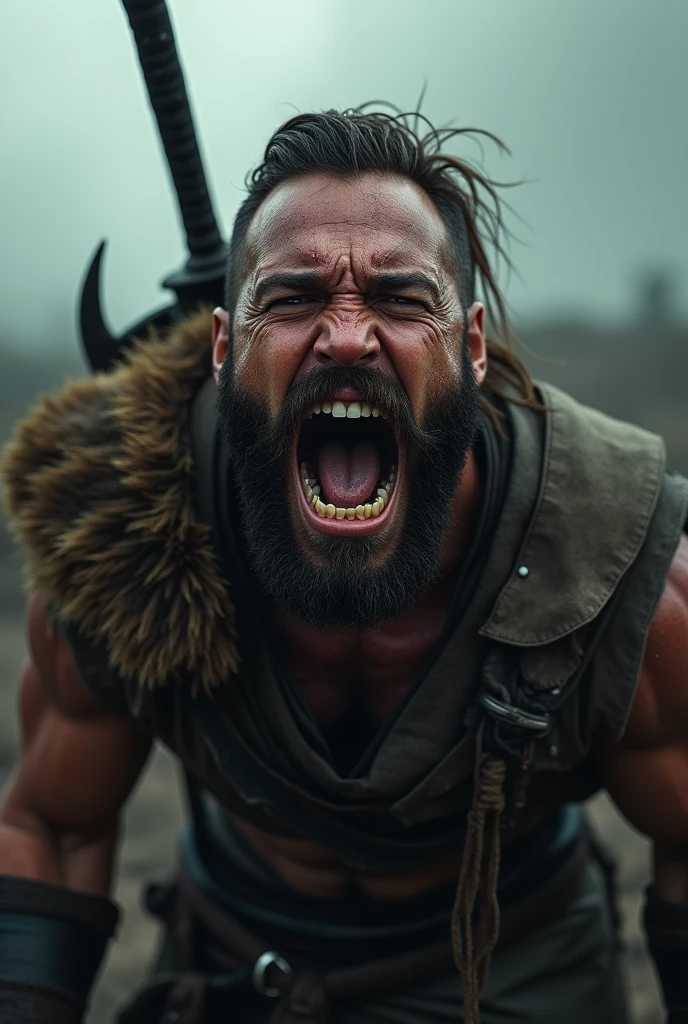 Realistic Viking warrior screaming with teeth bared with a Norse tattoo around his eye and with his eyes open