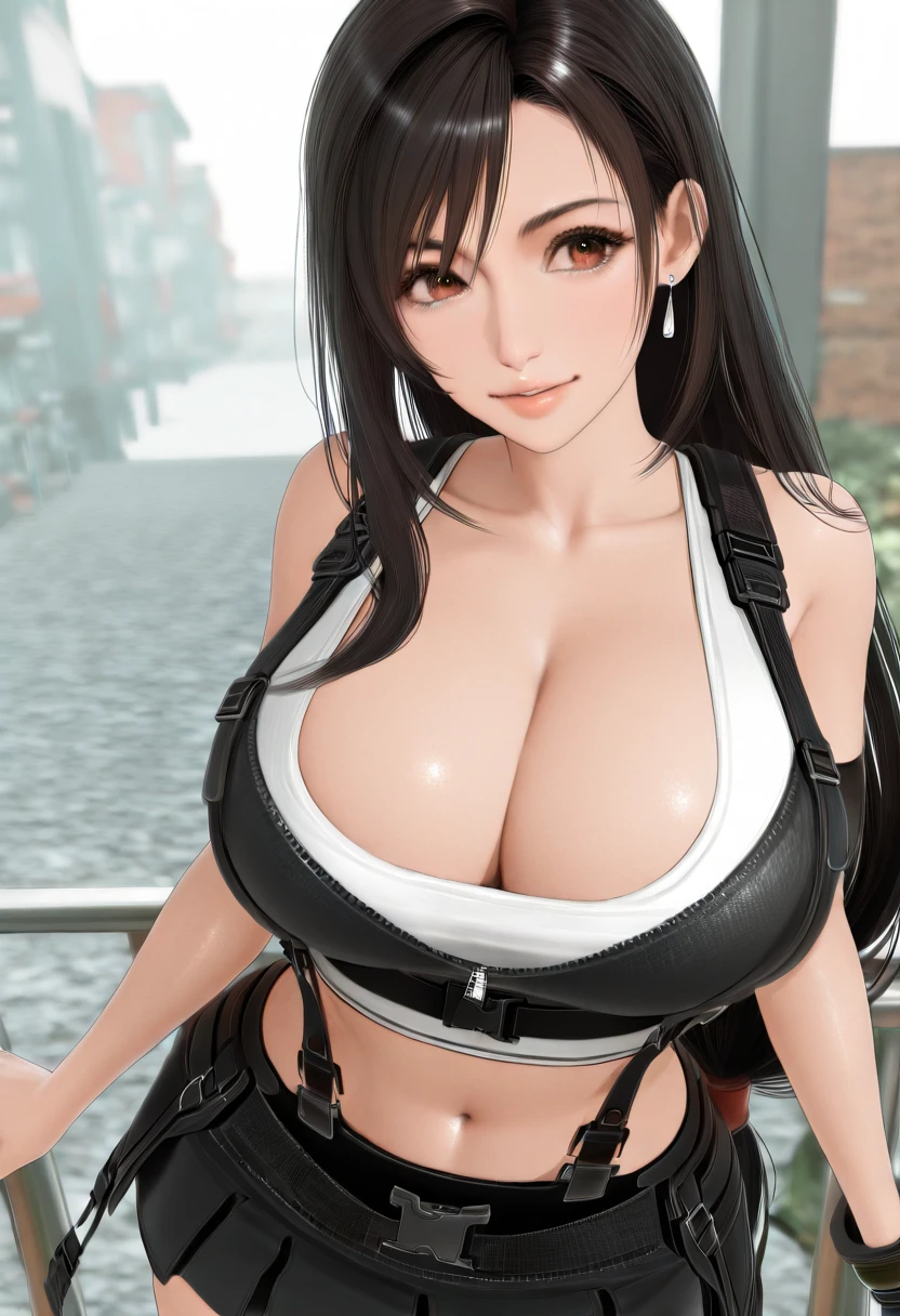 1girl, black hair, long hair, black shirt, black skirt, floral print, 3d, realistic, masterpiece, best quality, good quality, newest, tifa lockhart, deep cleavage, large breasts, voluptuous, nice hips,