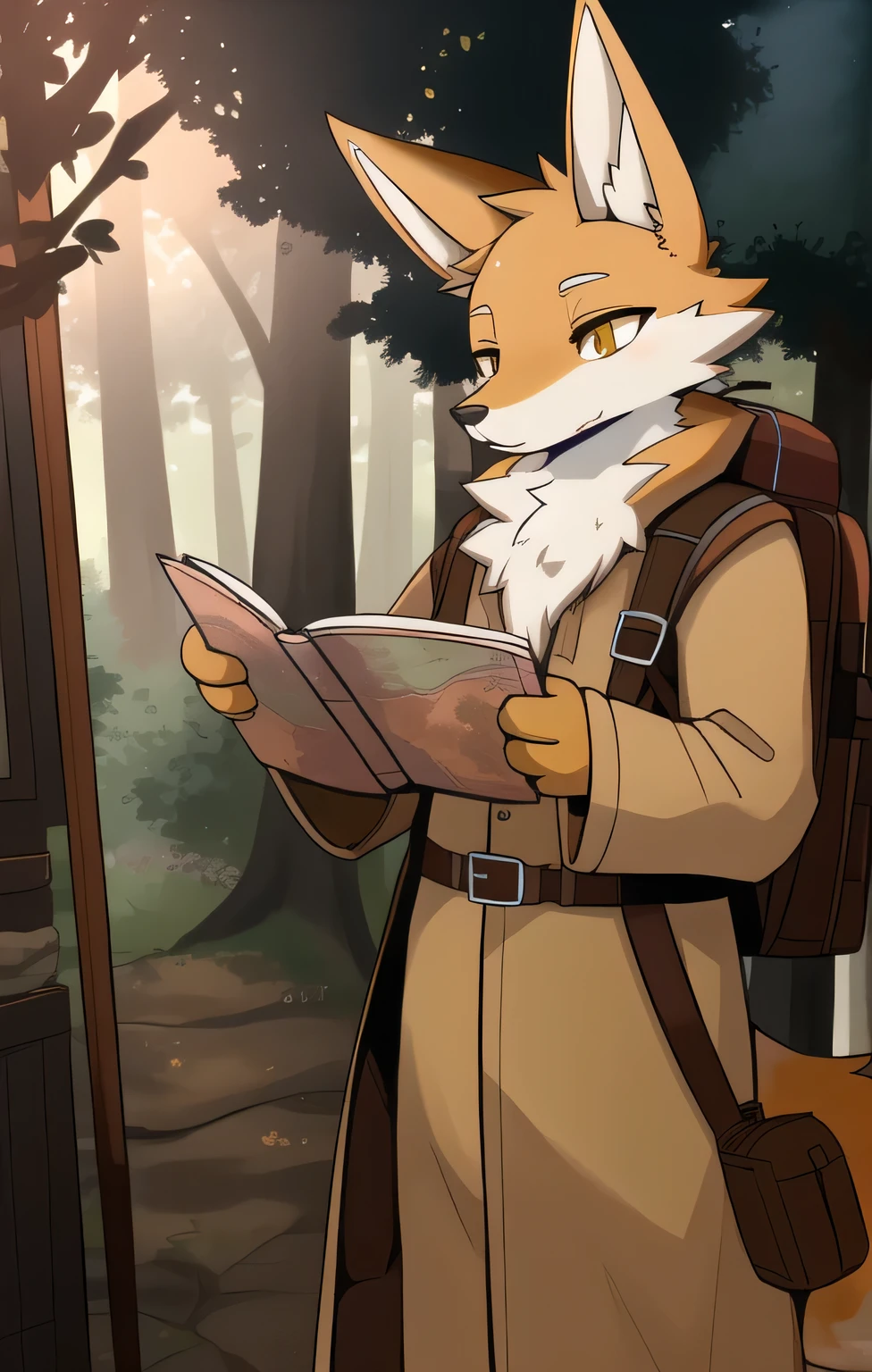  furry ,  best quality, masterpiece, golden fox traveler、middle aged、Old clothes、In the forest、See the map、Large backpack、ochre long coat 、