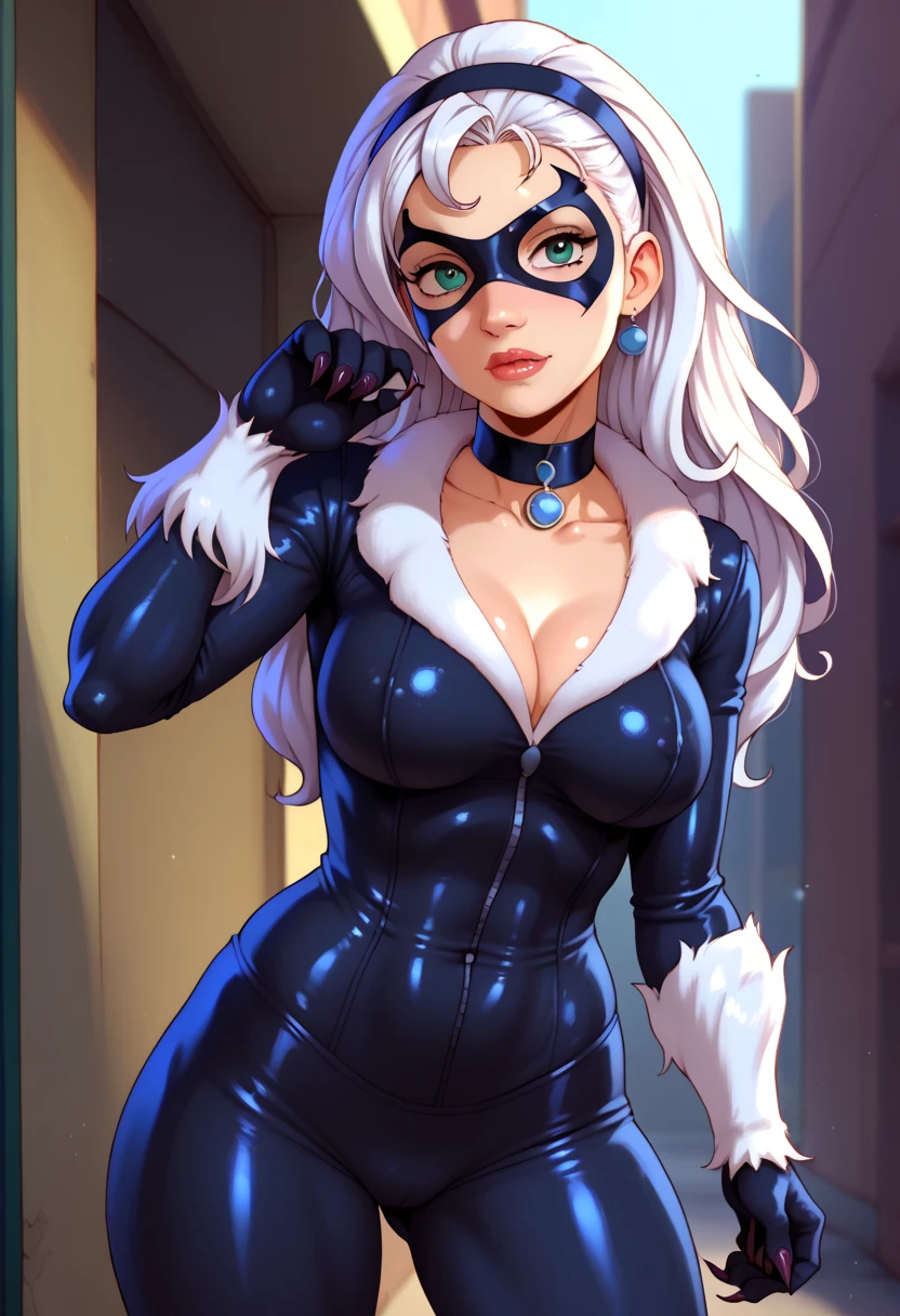 (high quality, 8k, 4K, high contrast, artwork:1.2, high quality, best aesthetics), (dynamic angle), ((1 woman)), (erotic, sensual, mature body), (super detailed, beautiful face detailed, beautiful eyes detailed, detailed beautiful mouth), (sexy body, perfect breats, perfect wide thighs), (long, wavy white hair), (blue eyes), (black hero/villain mask over his eyes), (black bodysuit with cleavage on the breasts with white gloves and white fur details around the neckline and gloves), (sensual facial expression), (standing in an upright, centered posture), (looking directly at the viewer)