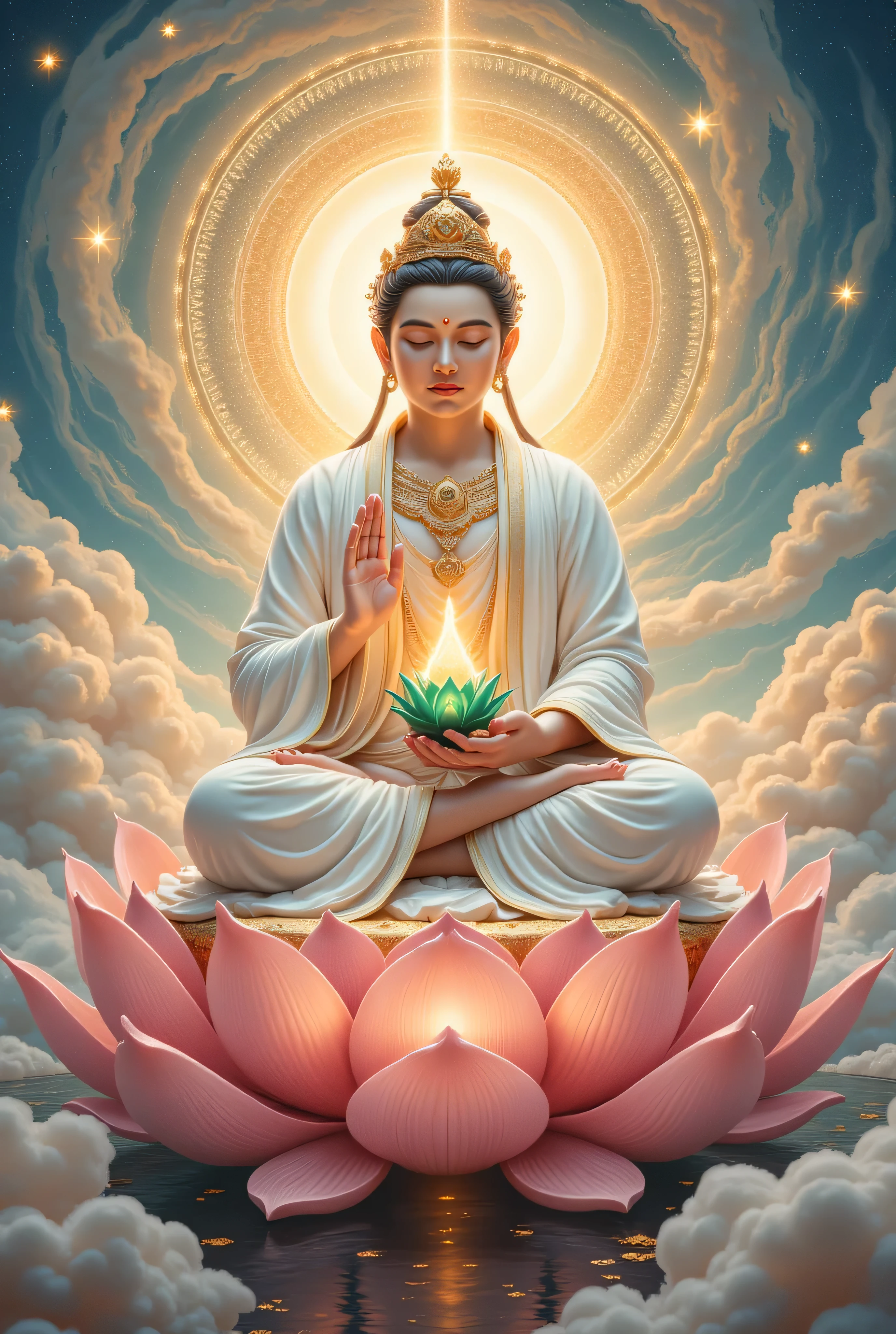 Create a detailed depiction of Akasagarbha Bodhisattva (The Void Hides the Bodhisattva), seated gracefully on a blooming pink lotus throne with intricate petals radiating light. He wears flowing white robes accented with golden trims and elaborate ornaments, including a jeweled crown that glistens softly. ((He holds a luminous flaming sword on his right hand, symbolizing the power of wisdom, while his left hand delicately supports a blooming green lotus topped with glowing pearls, representing purity and enlightenment.)) His serene expression exudes compassion and inner peace, framed by a brilliant golden halo with subtle mandala patterns radiating outward. The backdrop features an ethereal celestial realm with swirling clouds in pastel blues and golds, shimmering stars, and faint sacred symbols that enhance the divine atmosphere, inviting a sense of awe and spiritual reverence.