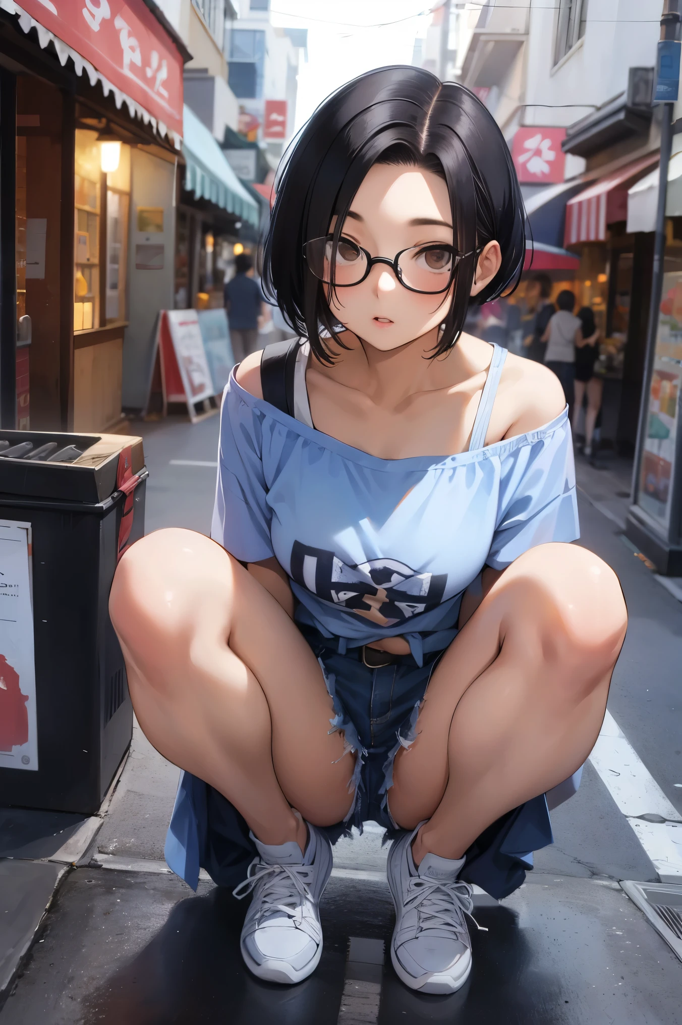 NSFW,masterpiece, best quality, high definition , very detailed,Ah-rinko 、 shorthair、 black hair、 bob cut 、 Off Shoulder Shirt , denim shorts, sneakers,Glasses, shoulder bag ,Red Light District