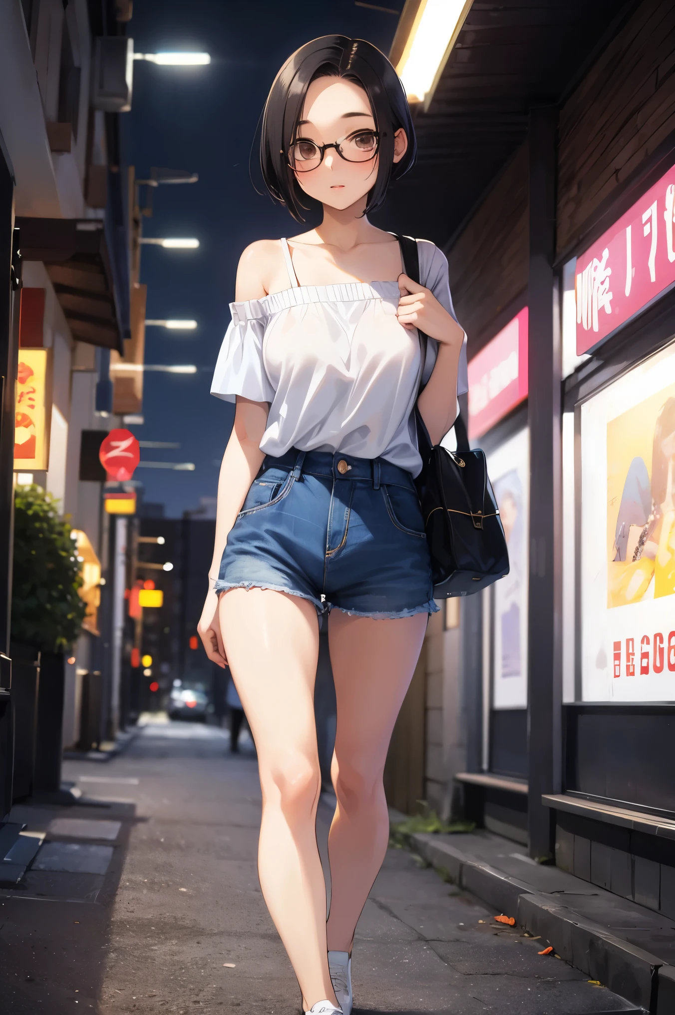 NSFW,masterpiece, best quality, high definition , very detailed,Ah-rinko 、 shorthair、 black hair、 bob cut 、 Off Shoulder Shirt , denim shorts, sneakers,Glasses, shoulder bag ,Red Light District