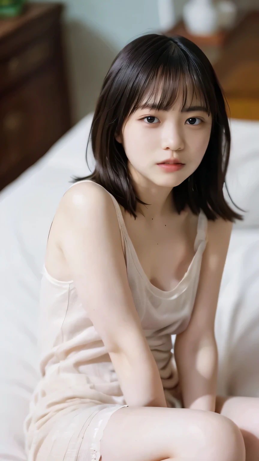   Sex with people   ,  lie on the bed,    small breasts、skin growth ,    beautiful woman  ,   A faint smile   ,   detailed skin, Face and eyes  ,   natural light , At home ,   long hair, ( I'm wearing a sexy sheer nightgown that I can see through my pubic hair) , ( erected nipples )、(I can clearly see my protruding nipples :1.3)、 ( Can see through pubic hair:1.2)、  Film Grain  ,   low contrast  , Natural Face ,    black hair ,   dark circles under eyes   ,  Frame from Above  ,