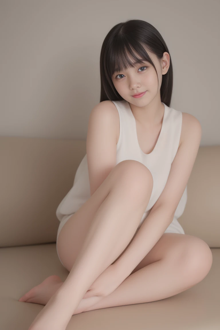  1 girl ,  high definition , masterpiece、 smiles,  Shortcut,  black hair,  turning your gaze , 、 sitting with legs open 、Big eyes and droopy eyes、round face、Full body portrait
