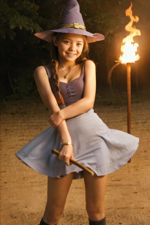 Ultra High Definition,  textured skin,  best quality, 
 1 girl ,  smiles,  looks at you, ribbon,  ponytail,  hair clip,  Witch Hat ,  Anatomically Correct, (((Transcendental cute beautiful girl))))、((( transcendental cute elementary school student )))、(((A witch flying on a broom))), ((Sorcerer's Fire Magic))、((Magic Attack))、((Perform healing magic ))、(( use magic items))、Skin-friendly clothes、 Witch's Stick、((Magical Attack of the Wind ))、 smiles,  blue eyes,  earrings for a woman alone, Food, ((Detailed legs))、(Extremely short mini skirt)、((Magical Attack of Fire ))、 Dragons and Battles、Detailed 白いpanties under a raised skirt、Magic Attack、( detailed flat cleavage)