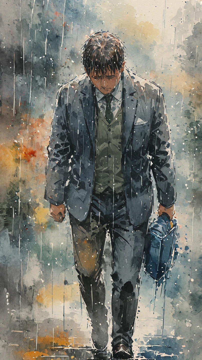 watercolor painting of a man in suit in the rain. full body shot of the man who is soaked under the rain. he tilts his head up to face the rain, the rainwater flows down his face. he is walking in the street, holding his hands out to feel the rain. watercolor brushes stroke painting style. the sky is dark.