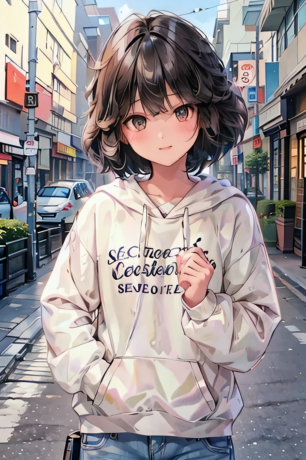 A girl with brown hair and rabbit ears:. She should maintain cartoon charm. Create random poses, Use watercolors and pastel colors for non-anime, Unrealistic aesthetics. She wears a black hooded trench coat on her body,Louvered skirt. Render in 4K. diverse outfits,More aesthetic charm. The ratio of face to body should follow the golden ratio. Facial details are crucial to her charm.