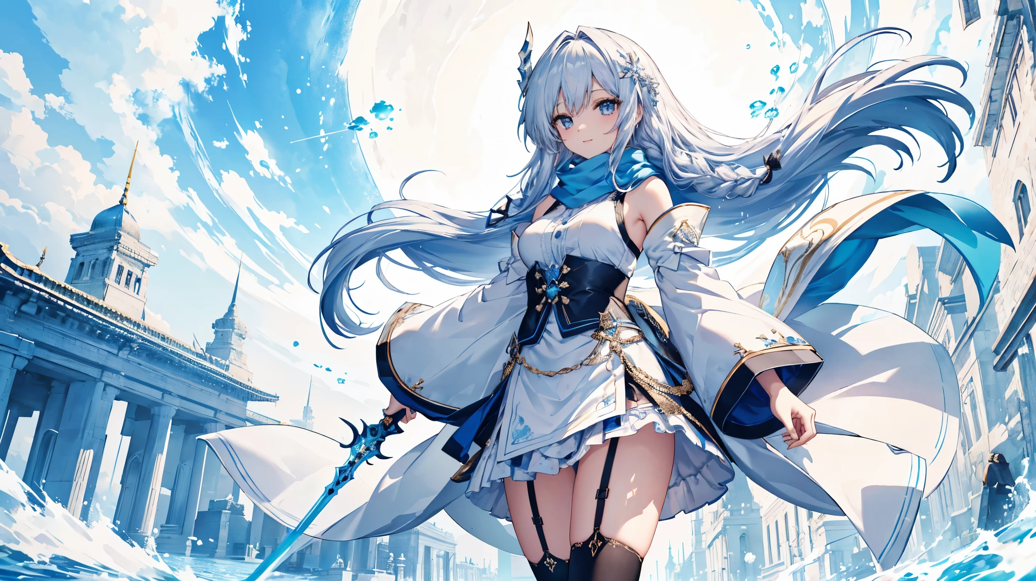 1girl, solo, outdoors, long hair, holy place, Original,(Illustration:1.1),(Best Quality),(masutepiece:1.1),(the Extremely Detailed CG Unity 8K Wallpapers:1.1), (Colorful:0.9),(mid-shot:0.95),(extremely detailed beautiful face),(Solo:1.2), (girl),(((Lori))), (Detailed beautiful eyes:1.15), (Beautiful face:1.15), (Glowing blue eyes:1.25////),(((sky blue Long Hair))),(two side up),(+perfect hand+:1.21),(Draw illustration of Japan priestess costume),(slender),(White pleated skirt),(Gothic),((black thighhighs)),(frilld),(Beautiful Slender Lolita Girl),hallowween,standing, girl,, girl,foggy place,vampire,sky blue hair,((full body,whole body)),((black thighhighs)),((black thighhighs)),((full body,whole body)),((full body,whole body)),((full body,whole body)),