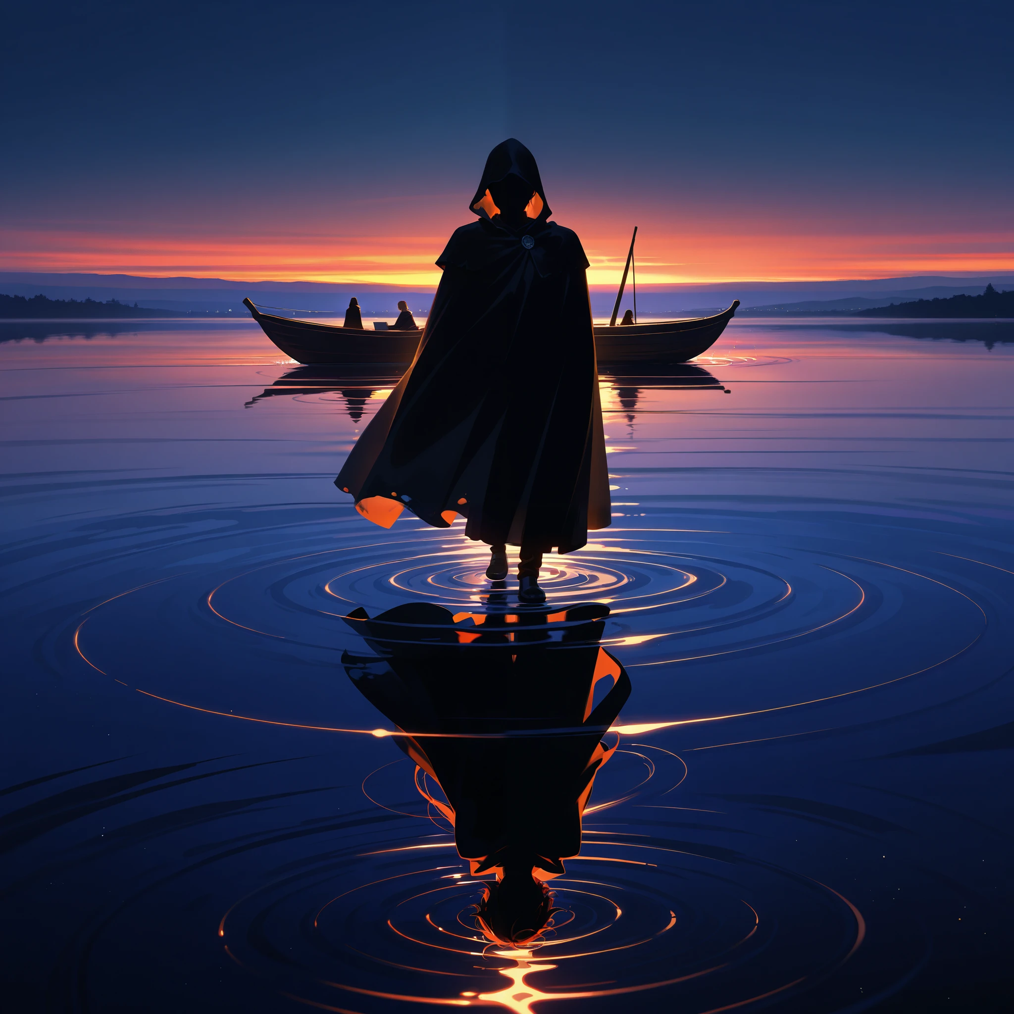 Dark Fantasy style, chiaroscuro, intricate details, dramatic lighting, male boatman, black cloak, shadowy figures surrounding the boat, mystical riverbank, distant horizon, twilight sky, ethereal glow, rippling water, eerie yet captivating atmosphere, tense and mysterious vibe, high contrast shadows, cinematic perspective, evocative storytelling
