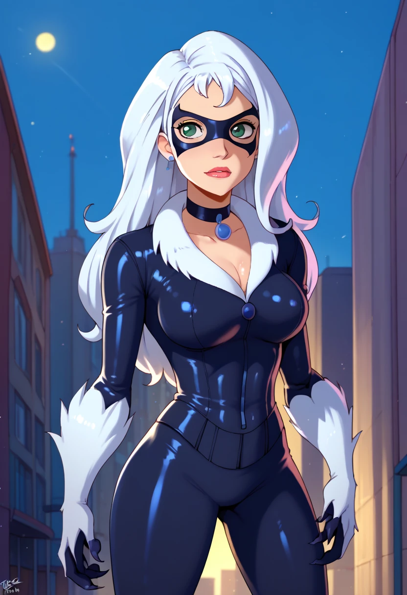 (masterpiece), HDR, highly detailed, 8k,
ambient occlusion, natural composition, harmonious, cinematic poster of Felicia "Black Cat" sexy female Marvel character, white hair, wearing "Black Cat" costume mask, in dynamic and sensual pose under the moonlight. Wearing a black latex costume with white fur. Hot body, detailed face, big breasts, shiny skin, anime style