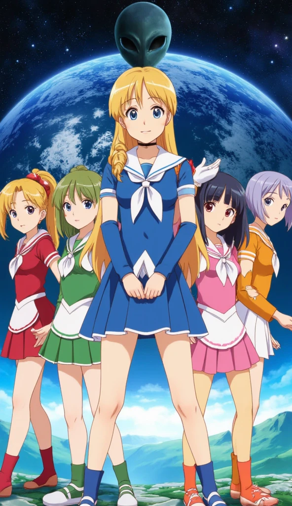 Korean movie poster 5 magical girls in sailor uniform in red,blue,green, orange and pink.standing in different poses the center girl has long yellow braided hair their background is earth and they are being chased by evil alien High Resolution, Masterpiece, Best Quality, Award Winning, Detail, High Details, Super Detailed, UHD, 