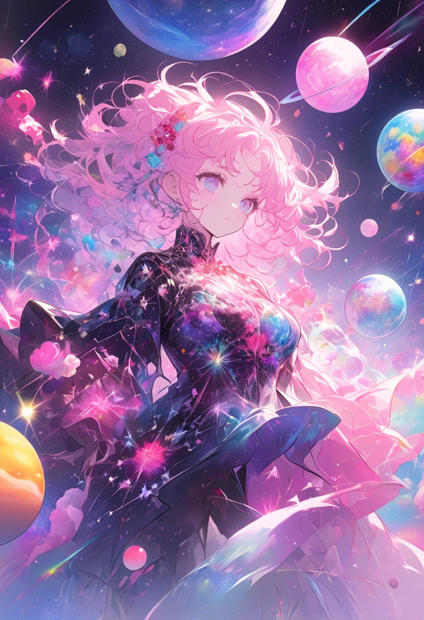  a colorful universe with a theme of stars and shades of pink , It is a space environment , They adorn stars ,  planets and the lack of gravity makes everything float ,  the central character based on a black girl with short pink hair,  the queen of space chaos ,  things float around them 