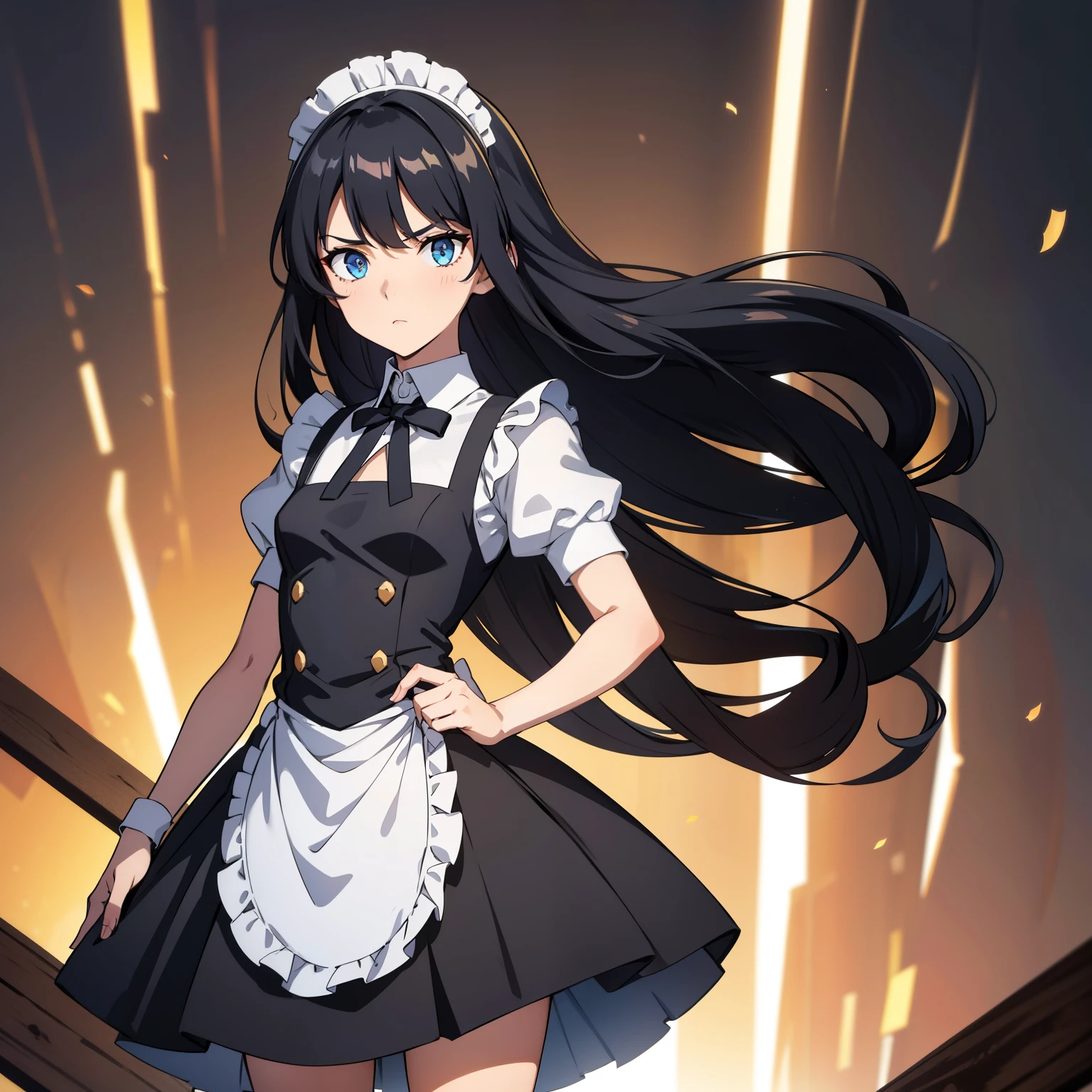 ( high quality , breathtaking),( expressive eyes ,  perfect face) full height, 1 girl, female, One, adult, Age 20,  Black hair , blue eye color, long hair length,  looking at the viewer , whole body,  dissatisfied facial expression , maid outfit, height 4 "3, short stature, black skirt,  light tanned skin ,  small breast , curly hair
