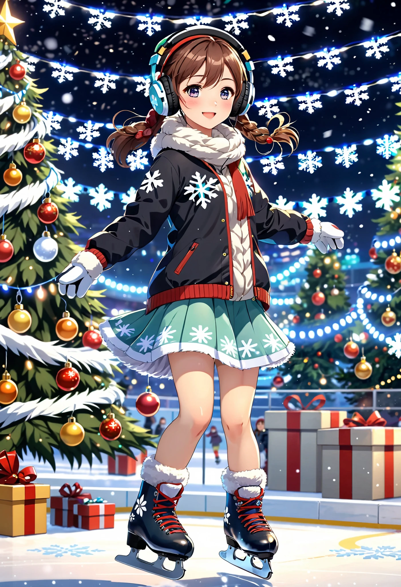 girl,  Cute winter clothes , snowflakes,  Spinning with arms ,  Warm Headphones in the form of paws, Foot Skates , Ice Arena ,  in the center Big Christmas Tree with Garlands , masterpiece, 8 k,  better quality,  Perfect Anatomy , Wonderful, amazing,  As detailed as possible,  complex details ,  Anime style ,