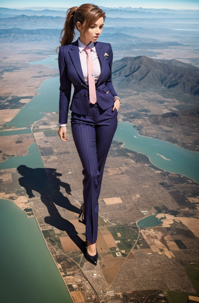 Giga Giantess art 1:4, two highly detailed giga giantess, ginger hair,bbw white woman full body view, 1000 miles tall giga giantess, giga giantess so massive the world is very small to her, huge breasts, light grey pinstriped 3 piece suit with trouser and blazer, white tailored shirt done up thick and very large Windsor knot tie, ties length reaches just passed the top of trousers, Has long full wavy ponytail, Wearing a pair of  polished round toe court heels Professional attire A look of enjoyment, Beautiful appearance, smile, horny (view from the ground)giga goddess, full body view, standing striaght, stomping on very tiny but massive continent, facing towards camera