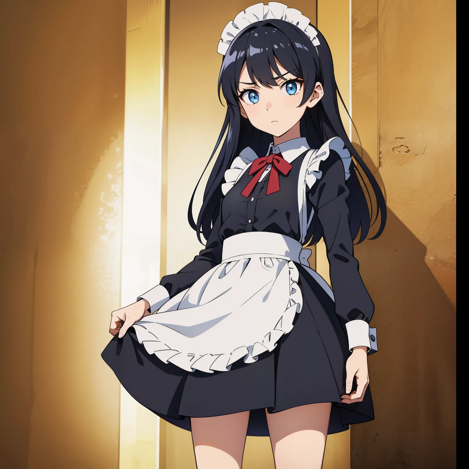 ( high quality , breathtaking),( expressive eyes ,  perfect face) full height, 1 girl, female, One, adult, Age 20,  Black hair , blue eye color, long hair length,  looking at the viewer , whole body,  dissatisfied facial expression , maid outfit, height 4 "3, short stature, black skirt,  light tanned skin ,  small breast , curly hair
