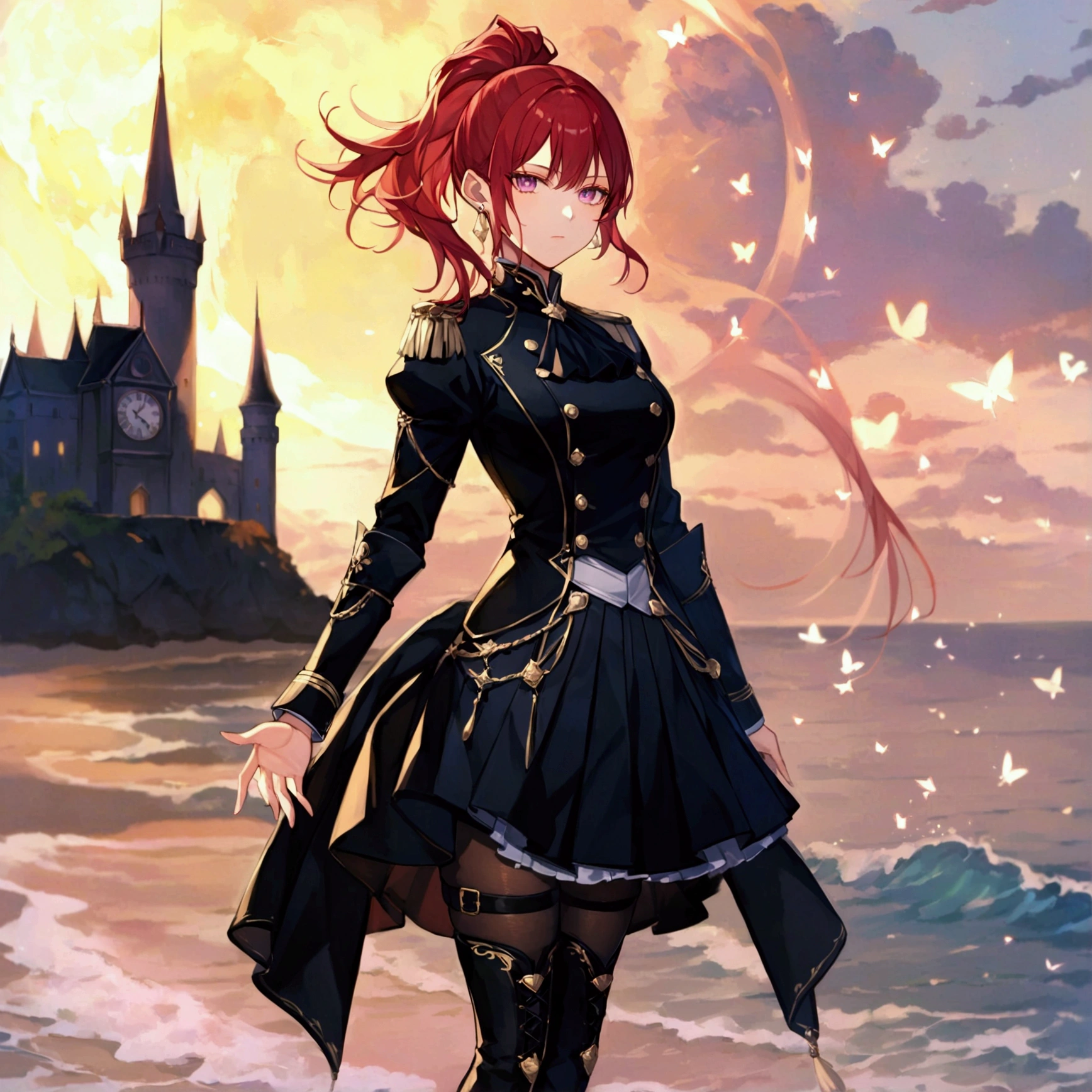 I am a woman with a high ponytail and red hair, featuring bangs that expose my forehead. My outfit is a fantasy-style combination of military uniform, tailcoat, and suit. I am wearing tights and lace-up boots, and I have earrings in my ears. This is a full-body depiction, with high quality, high performance, and the highest quality, and my limbs are anatomically correct. I am alone, with a furrowed brow and sharp, masculine eyes. I am wearing a black pleated skirt, and my eyes are on the smaller side. Anatomically correct, there are only two legs and two arms, with five fingers. sea butterflies, night raid, fairy light, very deep sea,fantastic 、sea、.magical、twilight、one girl、standing beach、dynamic pose、 beautiful face、Masculine eyes、Castle in the back、fantastic castle and clock