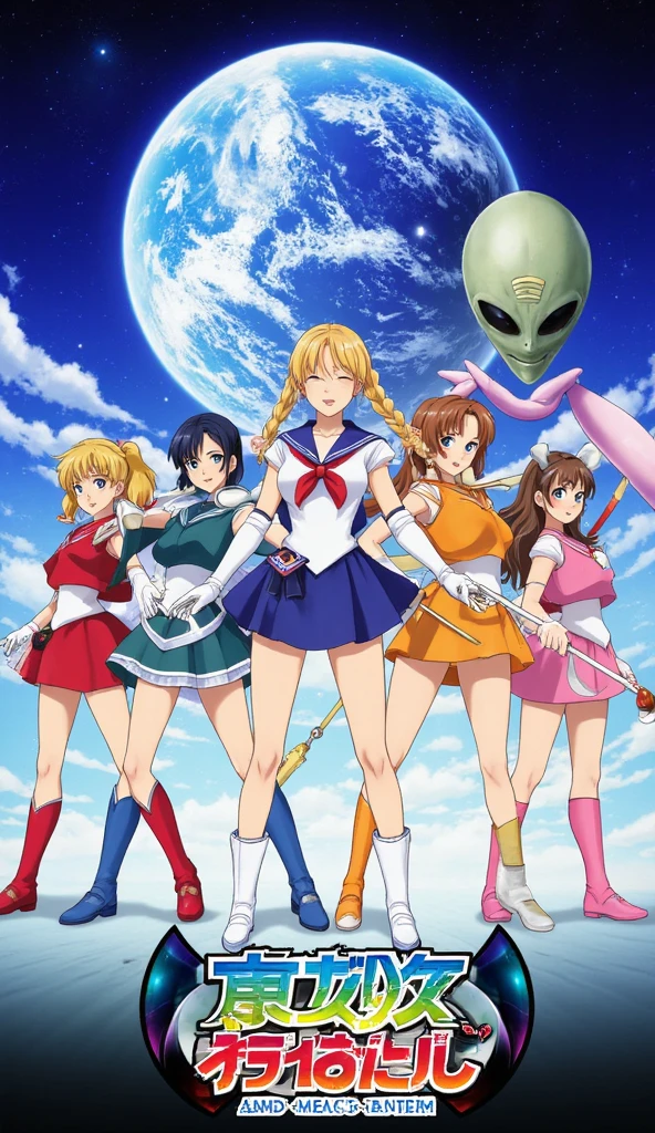 Japanese movie poster 5 magical girls in sailor uniform in red,blue,green, orange and pink.standing in different poses the center girl has long blonde braided hair they have accessories ans weapon with moon designs their background is earth and they are being chased by evil alien High Resolution, Masterpiece, Best Quality, Award Winning, Detail, High Details, Super Detailed, UHD, 