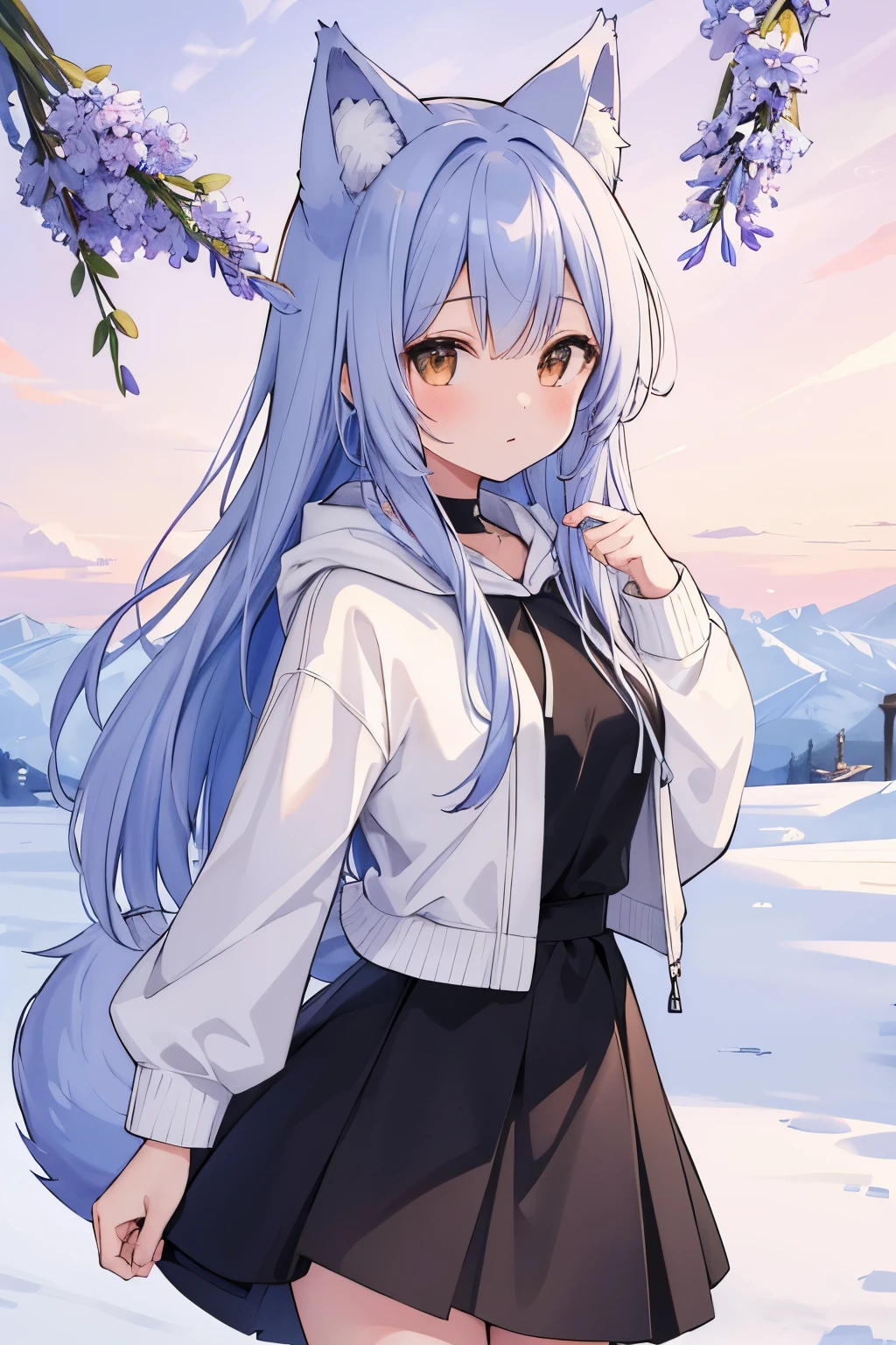 a young wolf girl with beautiful long hair, wolf ears, wolf tail, wearing an open jacket, and short shorts, frozen landscape, snowing, facing the lence, high quality, high res