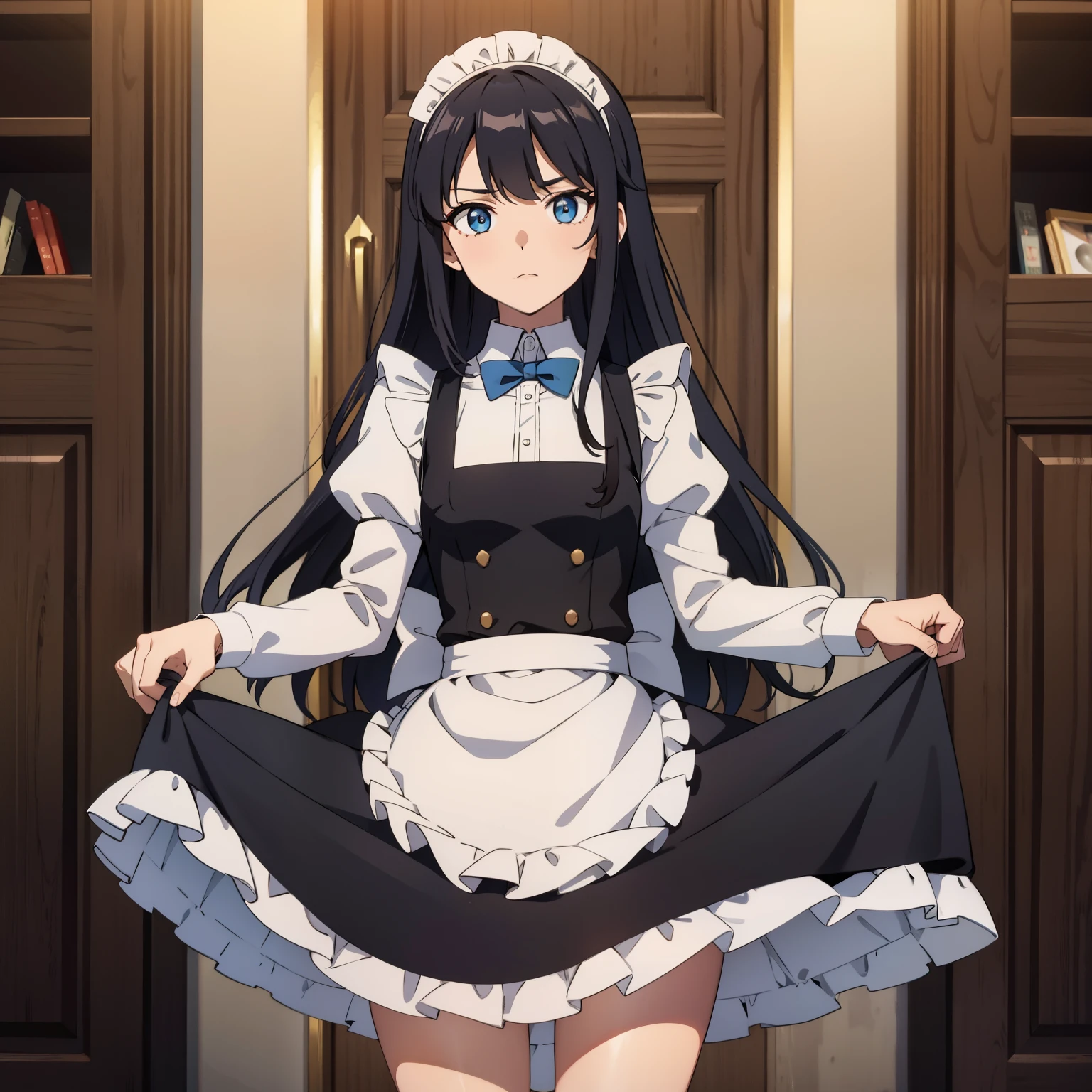 ( high quality , breathtaking),( expressive eyes ,  perfect face) full height, 1 girl, female, One, adult, Age 20,  Black hair , blue eye color, long hair length,  looking at the viewer , whole body,  dissatisfied facial expression , maid outfit, height 4 "3, short stature, black skirt,  light tanned skin ,  small breast , curly hair
