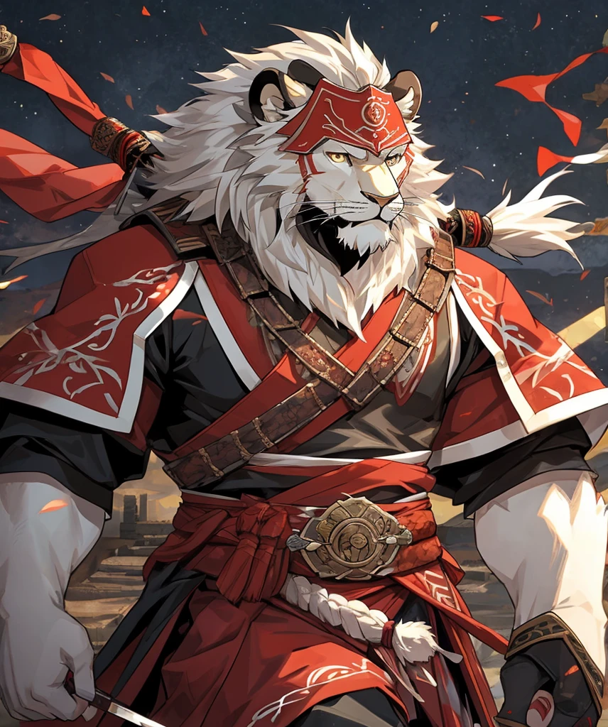 Brave,  an amazing noble lion samurai warrior ,(White fur all over),  wears highly detailed red samurai armor, he wears a red mask similar to a devil on his head .&#39;Horn., Sengoku period,I have a black and gold fan,   Highly Detailed Background  ,  Cherry Blossom Petals Dancing in the Wind , 完璧な  Masterpiece ,  High Quality ,  high resolution writing boundary depth,  Complete, (Particles of light),(最 High Quality ),(  Masterpiece ),(Ultra Shipping), sharp concentration,Particles of light