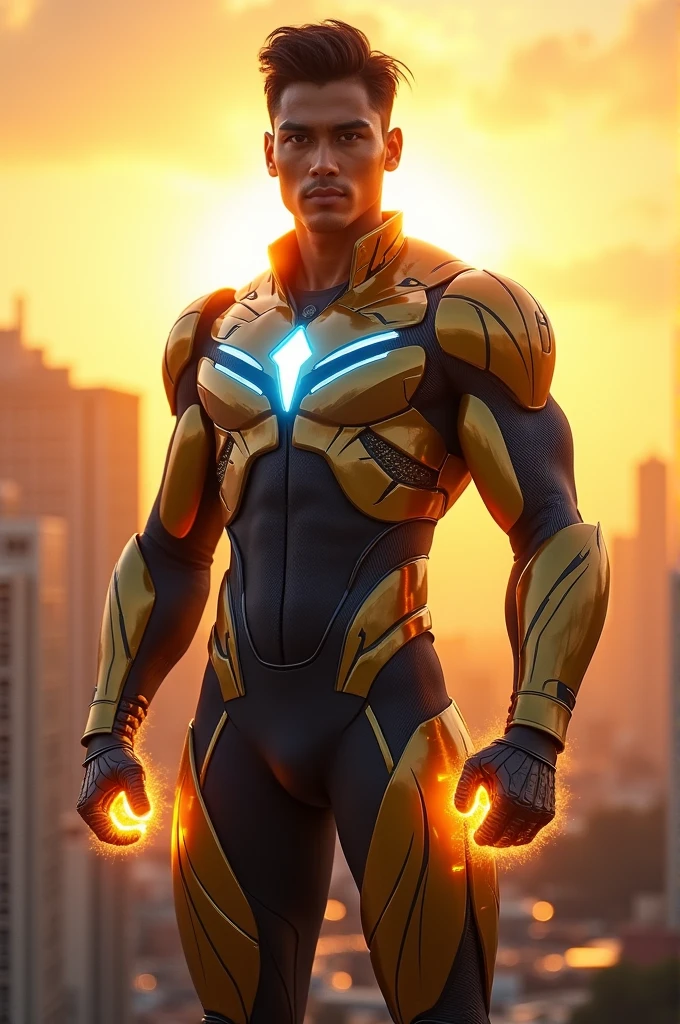Sanjay's superhero suit is designed to absorb and control solar energy. Made from a special fabric that stores and releases energy, it features powerful gloves and boots for enhanced heat rays and strength, along with a defensive mode for protection against attacks.
