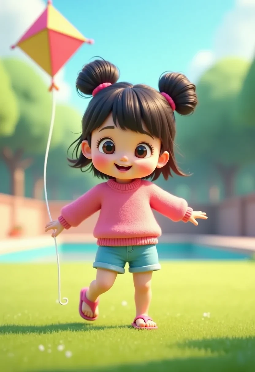 ((picture taken from the side views))
The style is 3D animation with a Vibrant color palette, in 3 D animation image of a cute and adorable with her hair into two buns on top and bangs, wearing a pink sweater, blue shorts, pink flip-flops, playing a kites in a park, a kites in the sky pulled by a string