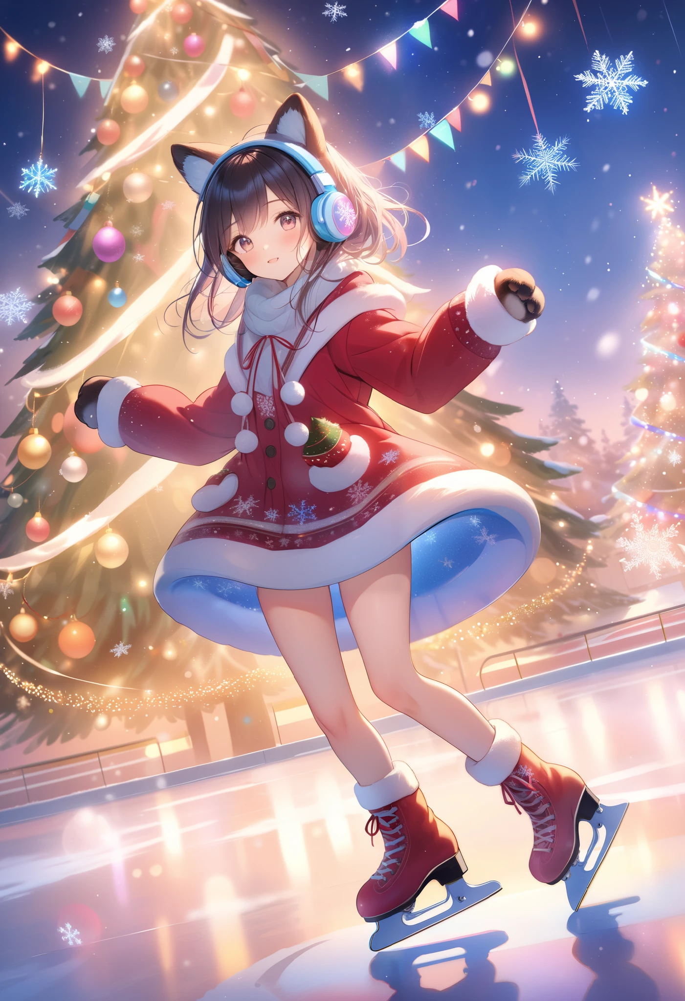 girl,  Cute winter clothes , snowflakes,  Spinning with arms ,  Warm Headphones in the form of paws, Foot Skates , Ice Arena ,  in the center Big Christmas Tree with Garlands , masterpiece, 8 k,  better quality,  Perfect Anatomy , Wonderful, amazing,  As detailed as possible,  complex details ,  Anime style ,