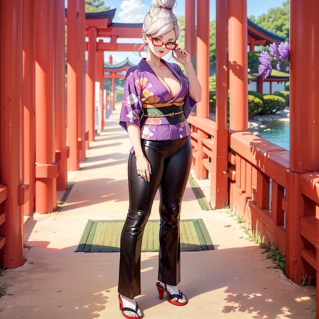 ((shiny eyes, 1girl, milf, standing, sexy pose, (AyaseSeiko, long hair, white hair, exotic hairstyle, hair bun, hair, brown eyes, red glasses), woman)), perfect face, sharp focus, professional artwork, intricate details)), ((fitness,, shapely body, athletic body, toned body)),((kimono, Yukata, Japanese garden, Japanese temple, forest, torii, trees, city in the background, red lipstick, clouds, smug, printed kimono, jacaranda trees, high heels, neckline, cleavage))