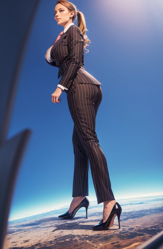 Giga Giantess art 1:4, two highly detailed giga giantess, ginger hair,bbw white woman full body view, 1000 miles tall giga giantess, giga giantess so massive the world is very small to her, huge breasts, light grey pinstriped 3 piece suit with trouser and blazer, white tailored shirt done up thick and very large Windsor knot tie, ties length reaches just passed the top of trousers, Has long full wavy ponytail, Wearing a pair of  polished round toe court heels Professional attire A look of enjoyment, Beautiful appearance, smile, horny (view from the ground)giga goddess, full body view, standing striaght, stomping on very tiny but massive continent, facing towards camera