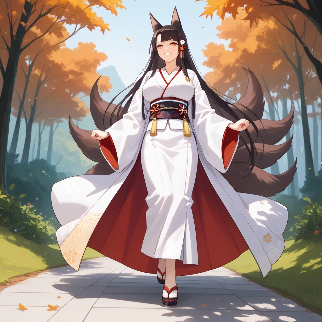 A woman wearing a white kimono with drawings of autumn flowers, walking on a walk in a forest in the autumn period, Japanese shoes, orange eyes, black hair, kitsune ears, kitsune tails, multi-tails, smiling, big breasts, posture standing, daytime location, a view of the forest, background with orange filter,.UHD , prime work , accurate , anatomically correct , textured skin , super details , high quality , best quality, 8k, high resolution, bokeh effect.(Azur_lane, IJN_Akagi.) (woman solo), Close_view.
