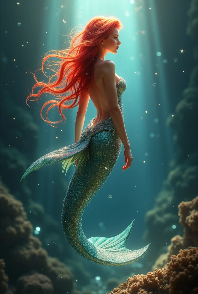 Red haired mermaid swimming underwater